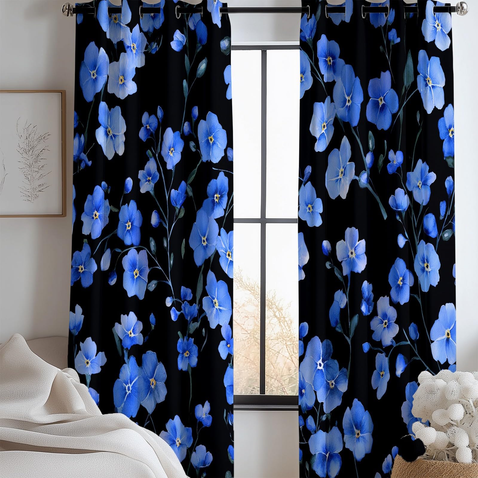 Générique Rideaux Enfants Fleurs Aquarelles Haute Définition 110 X 215 Cm (Lxh) 2 Panneaux, Rideaux À Œillets Occultants À Isolation Thermique pour Décoration Chambre Salon, Bleu