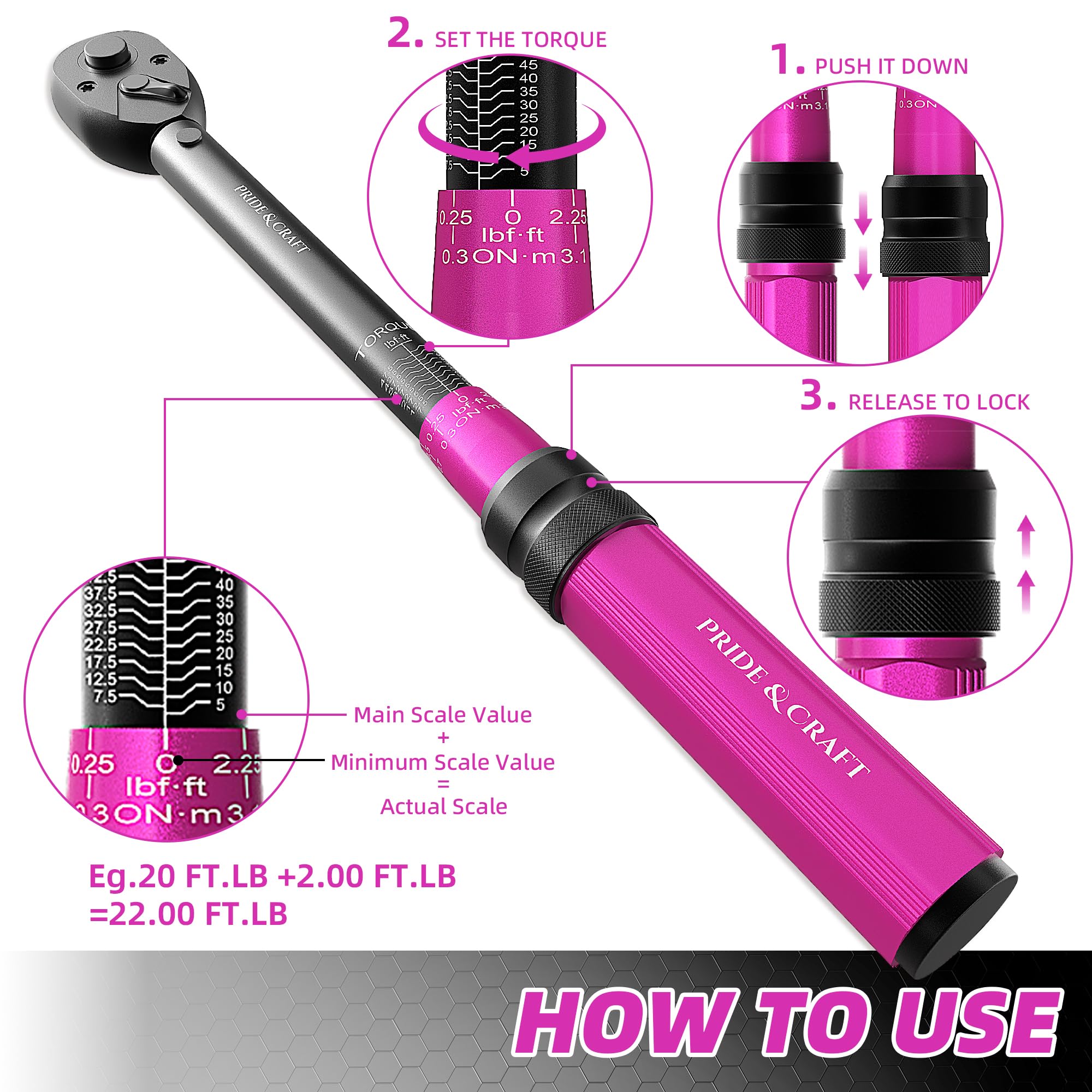 PRIDE&CRAFT Chiave dinamometrica a scatto da 3/8", 3% ad alta precisione regolabile, doppia direzione, 72 denti, 5-50 lbf.ft/6,8-68 Nm, per riparazione di biciclette, moto e auto, rosa nero