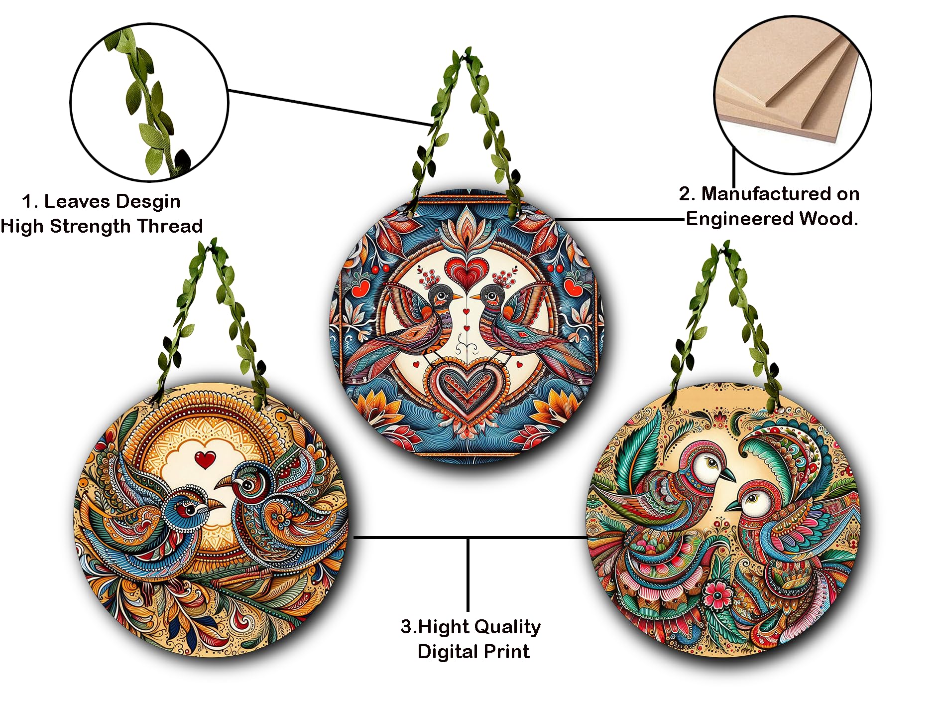 MDA Ethnic Love Bird Wall Hanging Set β Round Decorative Wall Plates for Home & Living Room | Wall Art Decor Items | Birds-Cir-(Set of 3) 1