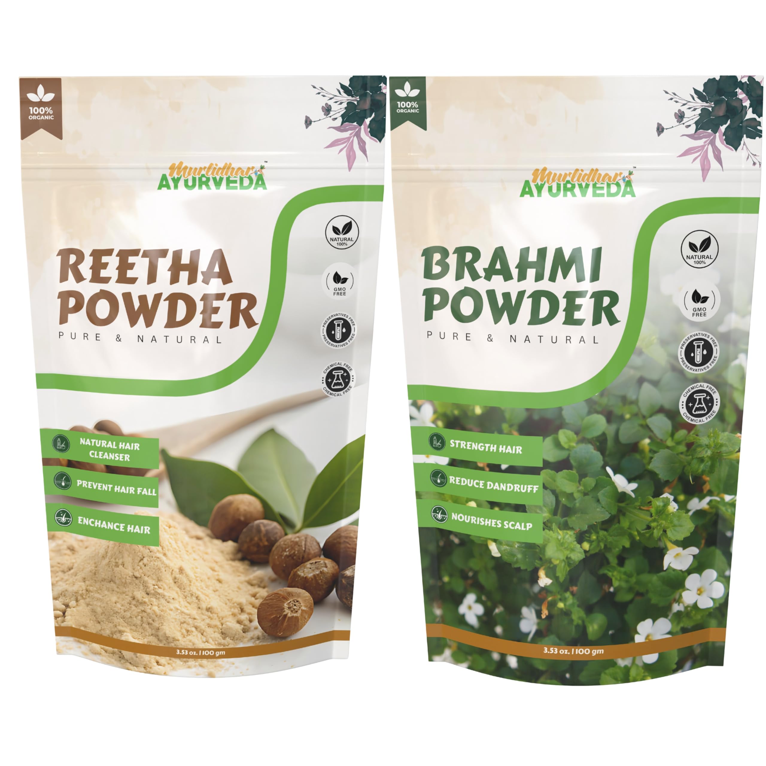 Pure Reetha (Soapnut) Powder (Combo set 100gm Each) Natural Hair & Skin Cleanser, Dandruff Control & Scalp Health | Brahmi (Bacopa Monnieri) Herbal Powder for Memory Boost, Stress Relief & Hair Nourishment-image-35
