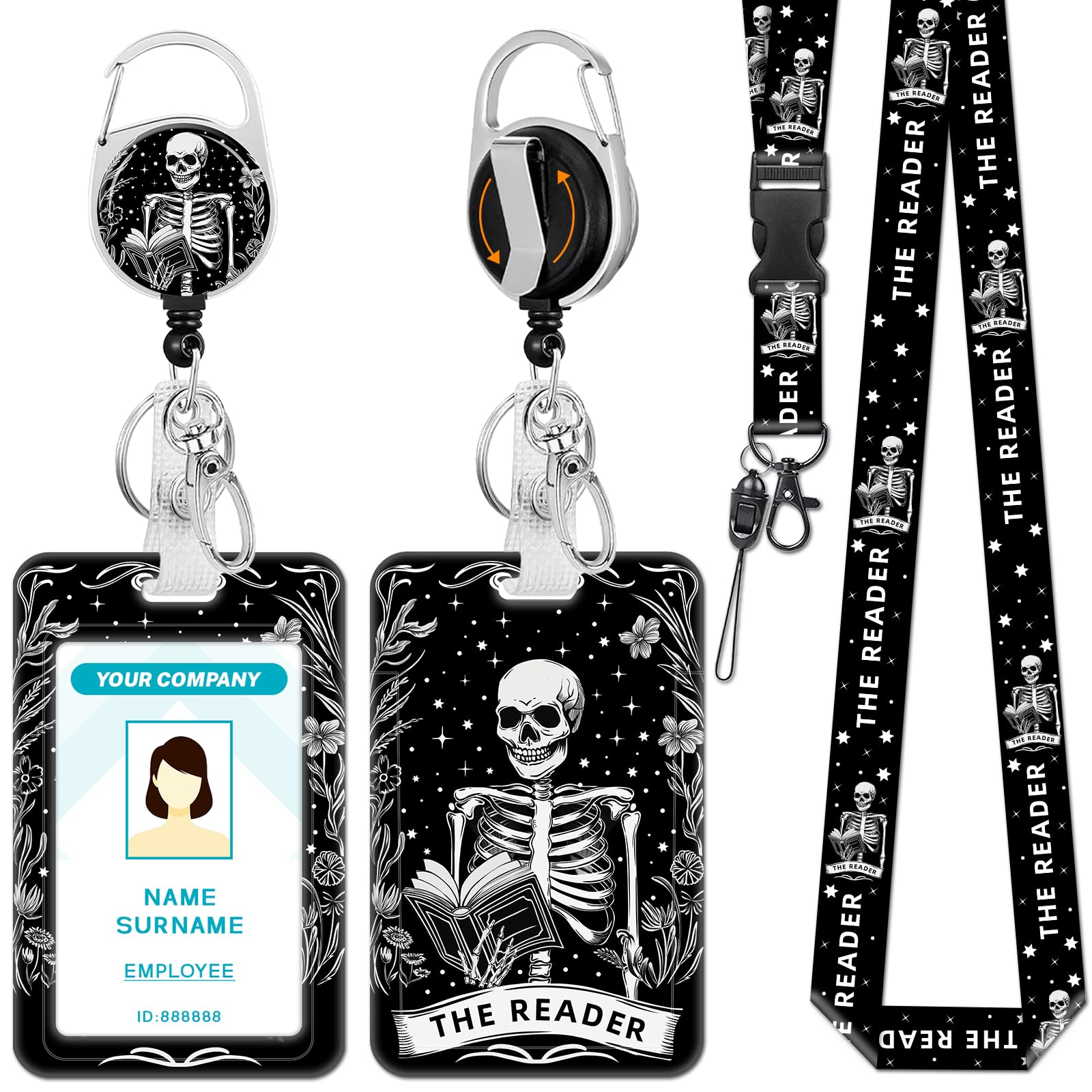 Hancynir Goth Book Lover Lanyards for Id Badges with Retractable Reel Clip
