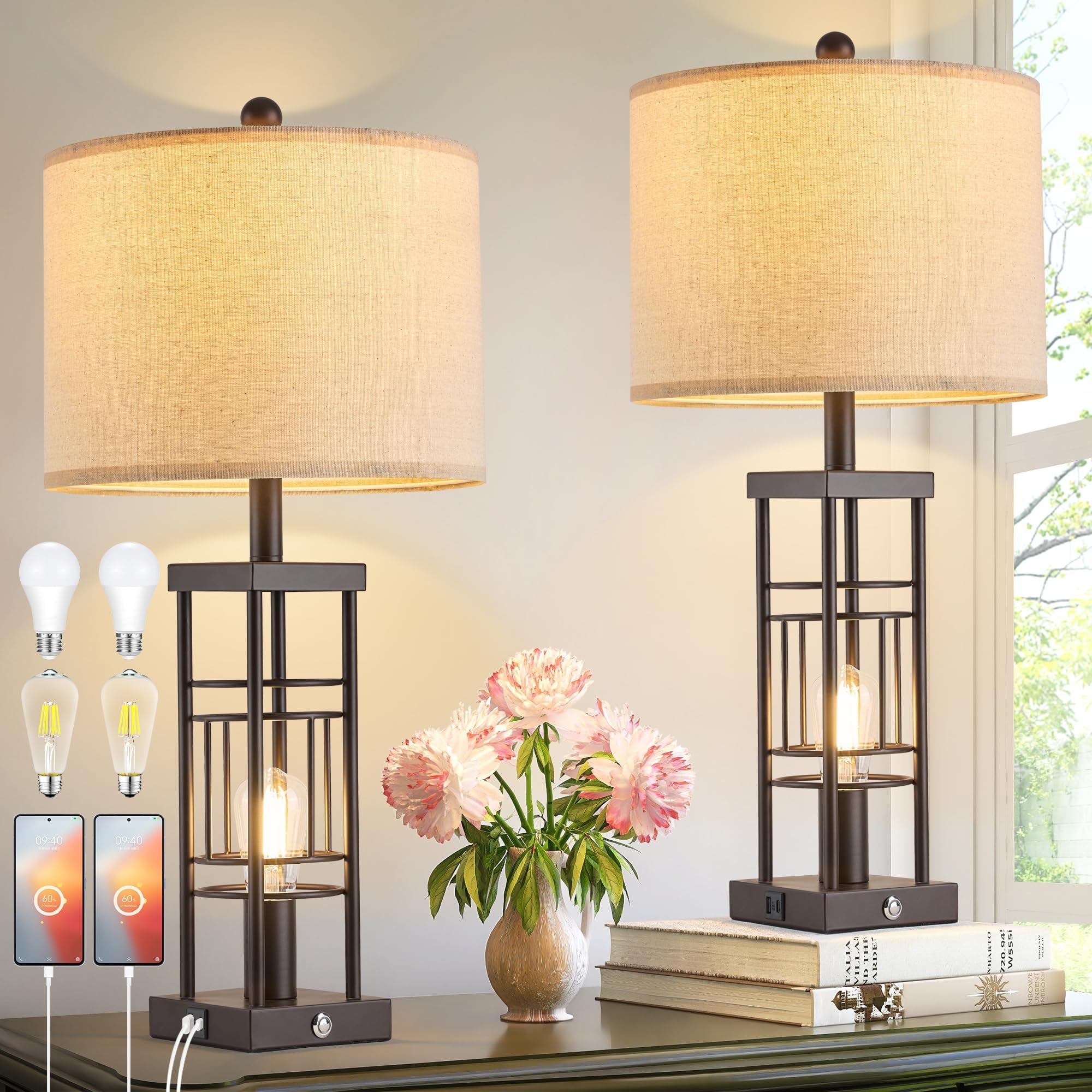 Reaketon 29" Farmhouse Table Lamp Set of 2 with USB Ports,Tall Table