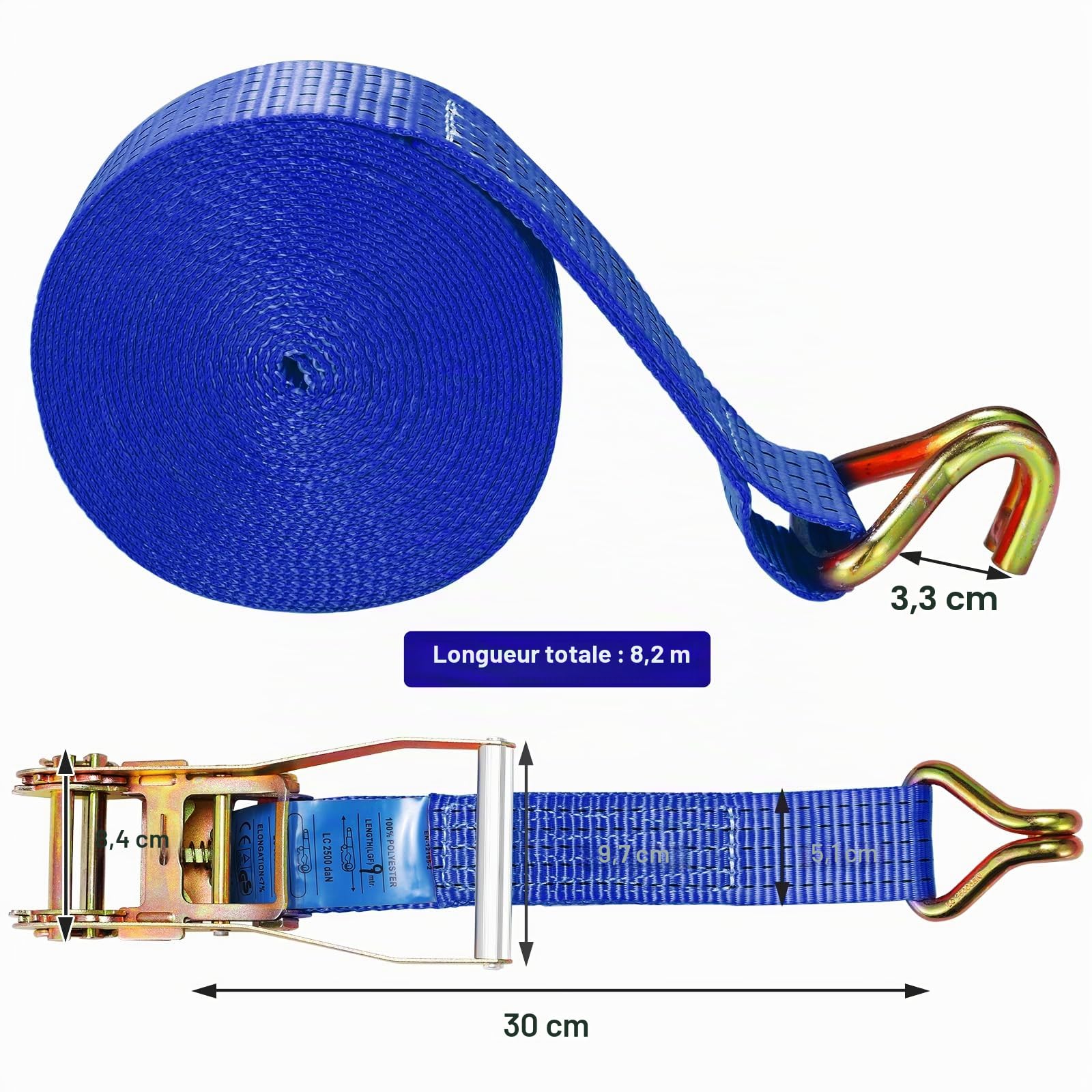 4 pièces 5000 kg Sangle à Cliquet 9m,Sangles d'arrimage,50mm,Sangles de Serrage avec cliquet et Crochets,aux intempéries,pour l'arrimage Professionnel du Chargement des camions/Motos/Cargos,Bleu