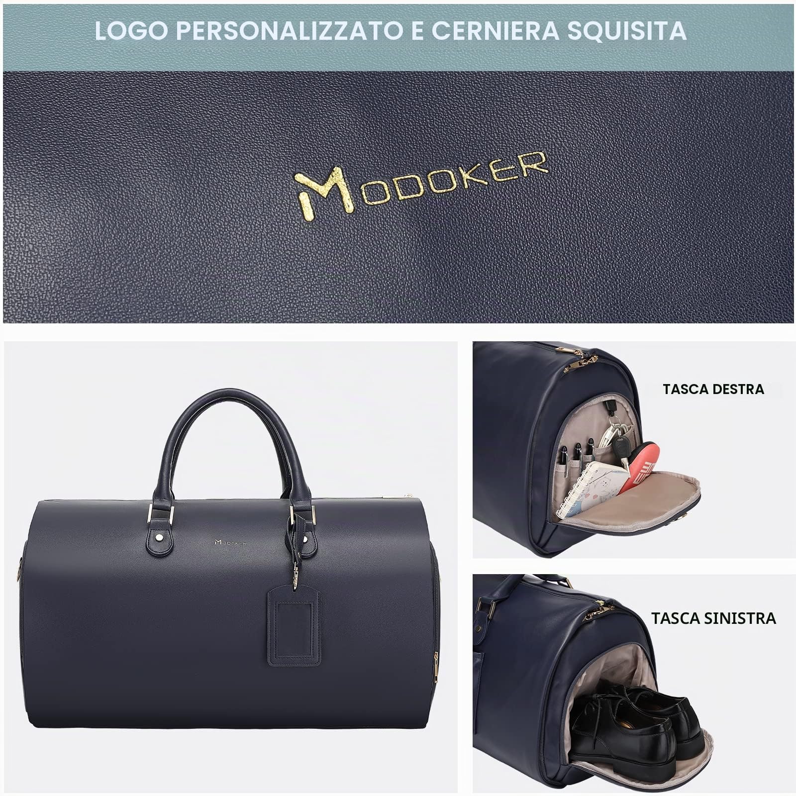 Modoker Borsone da donna convertibile in pelle con tracolla, borsone da viaggio 2 in 1 da appendere, Blu