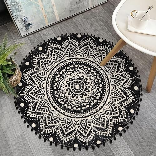 Uphome Alfombra redonda bohemia para dormitorio, 3 pies, diseño de mandala, color negro, con pompones, flecos, lavable, alfombra circular Uphome Alfombra redonda bohemia para dormitorio, 3 pies, diseño de mandala, color negro, con pompones, flecos, lavable, alfombra circular