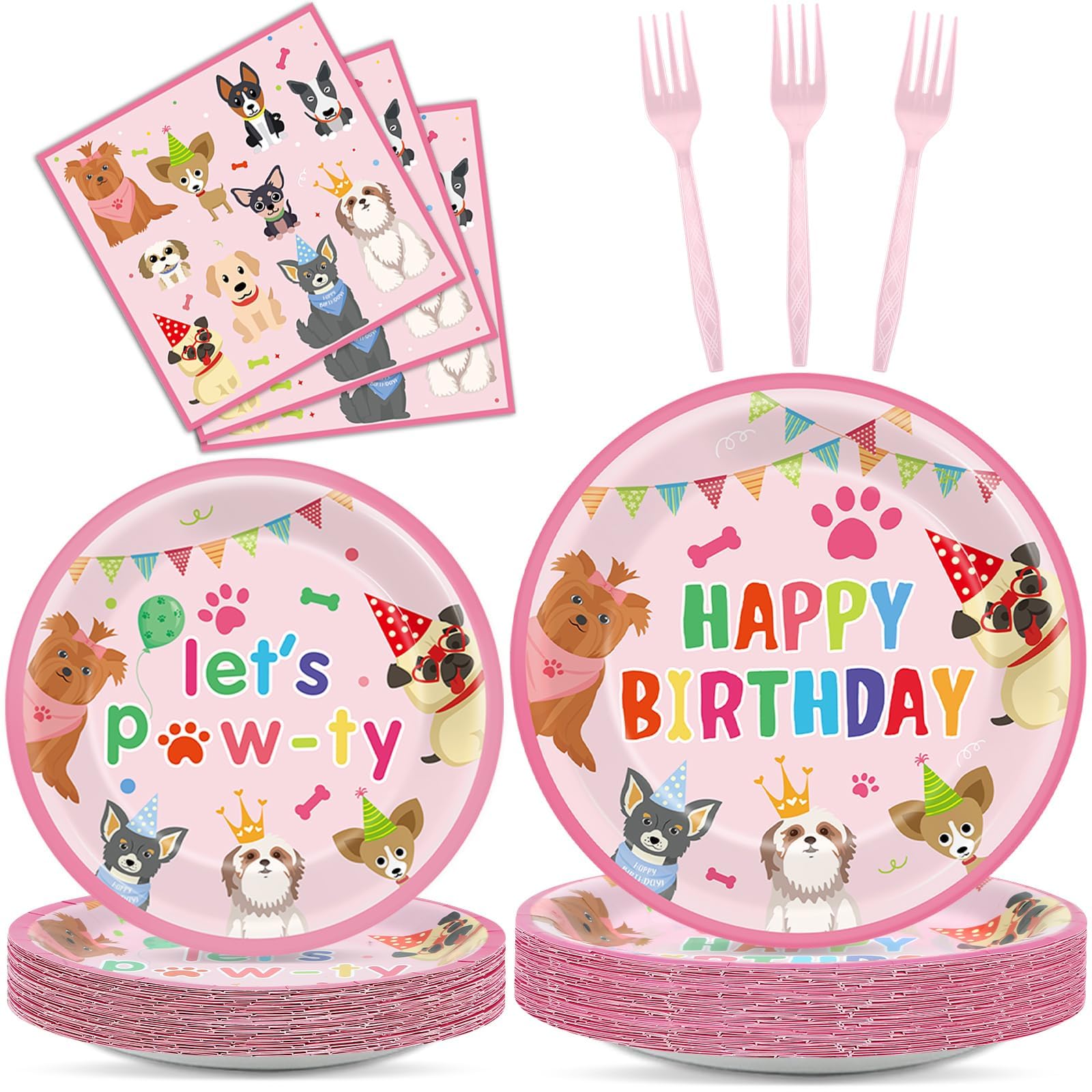 200Pcs Dog Birthday Party Decorations Puppy Tableware Dinnerware Set Pink Pet Lets Pawty Theme Paper Plates and Napkins Paw Print Disposable Dessert