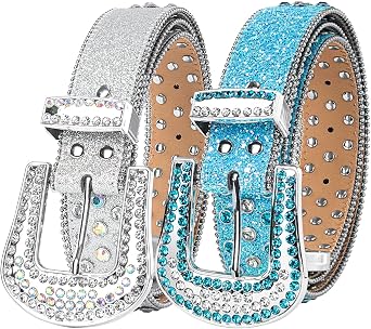 2 x Rhinestone Belt for Women Men Shining Diamond Studded Belt Bling Cowgirl Cowboy Waist Belt