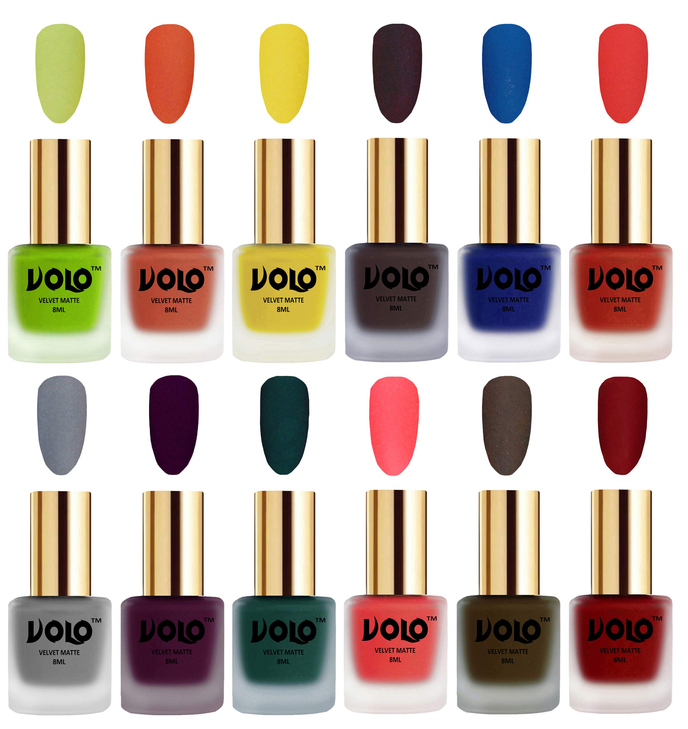 Volo Velvet Dull Matte Bold Colors Nail Polish Combo in Wholesale Rate(Parrot Green, Orange, Yellow, Dark Coffee, Blue, Coral, Grey, Light Wine, Dark Green, Neon Orange 96 ml) Pack of 12