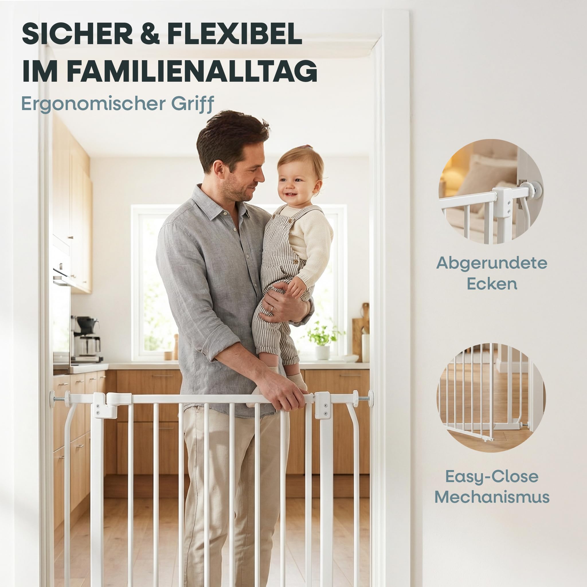Safetots Elite Pressure Treppenschutzgitter Weiß – Ohne Bohren – Auto-Close & Stay-Open ab 90° – Extra breit bis 71cm-80cm – Beidseitig öffnend – Hochwertiges Sicherheitsgitter für Kinder & Haustiere