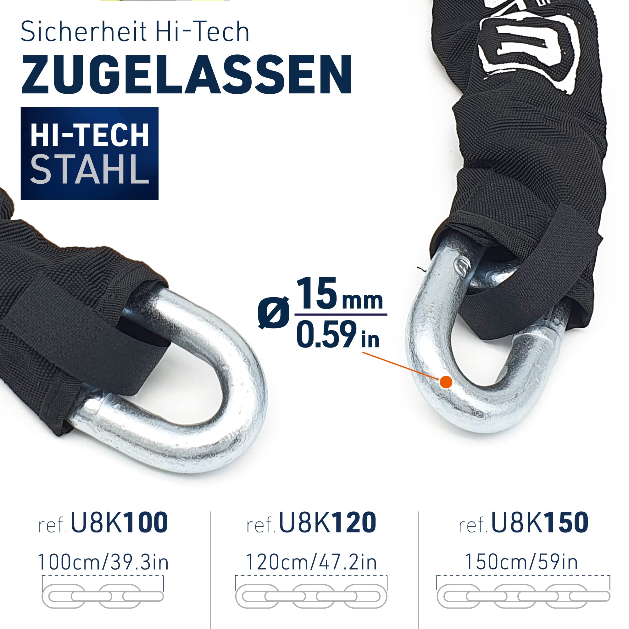 URBAN U8K120 Kettenschloss Motorrad Motorradschloss Vorhängeschloss und Kette, Sicherheit 20/20 mit Zulassung SRA, Gehärteter Stahl, Glieder 15mm Durchmesser, Sicherheitsschloss Motorrad, 120cm