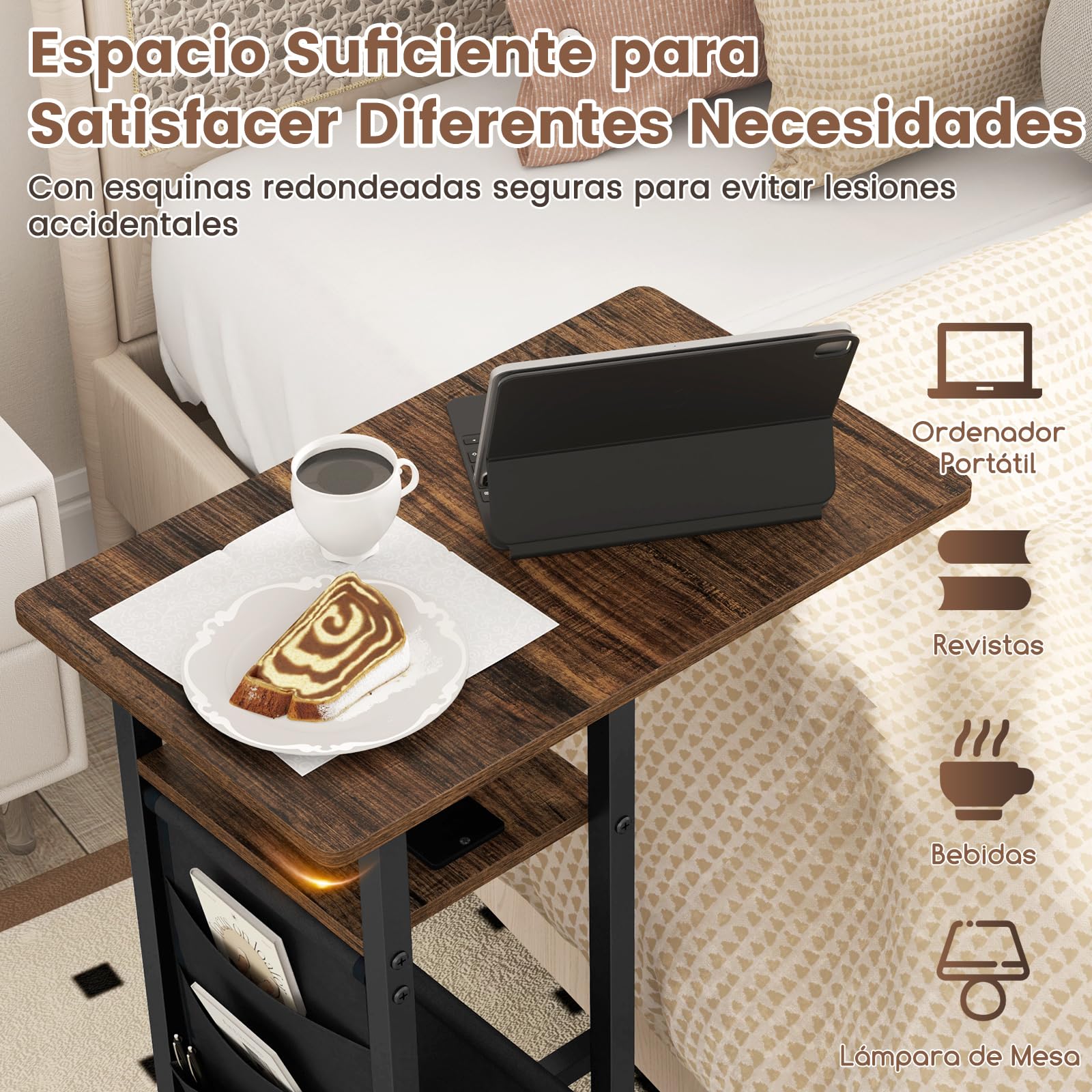 GYMAX Mesa Lateral con 4 Ruedas, Mesa con Superficie Extensible, Mesa en Forma de C, Mesa de Noche con Bolsillo y Estación de Carga, Ideal para Sala de Estar y Dormitorio (Marrón Rústico)