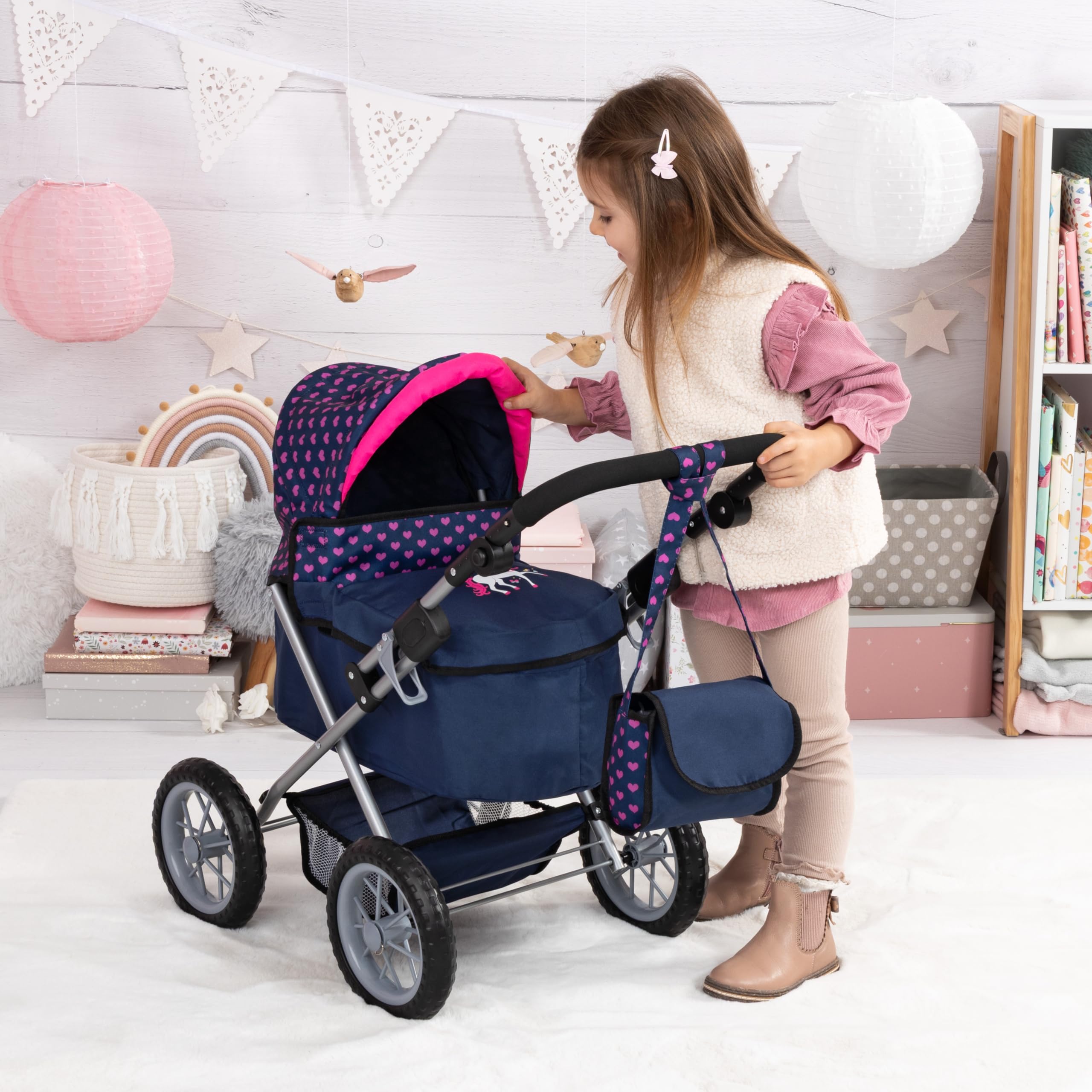 Bayer Design 13054AA Carrozzina per Bambole e Bambolotti, Passeggino per Bambola con borsa, pieghevole, regolabile in altezza blu con unicorno