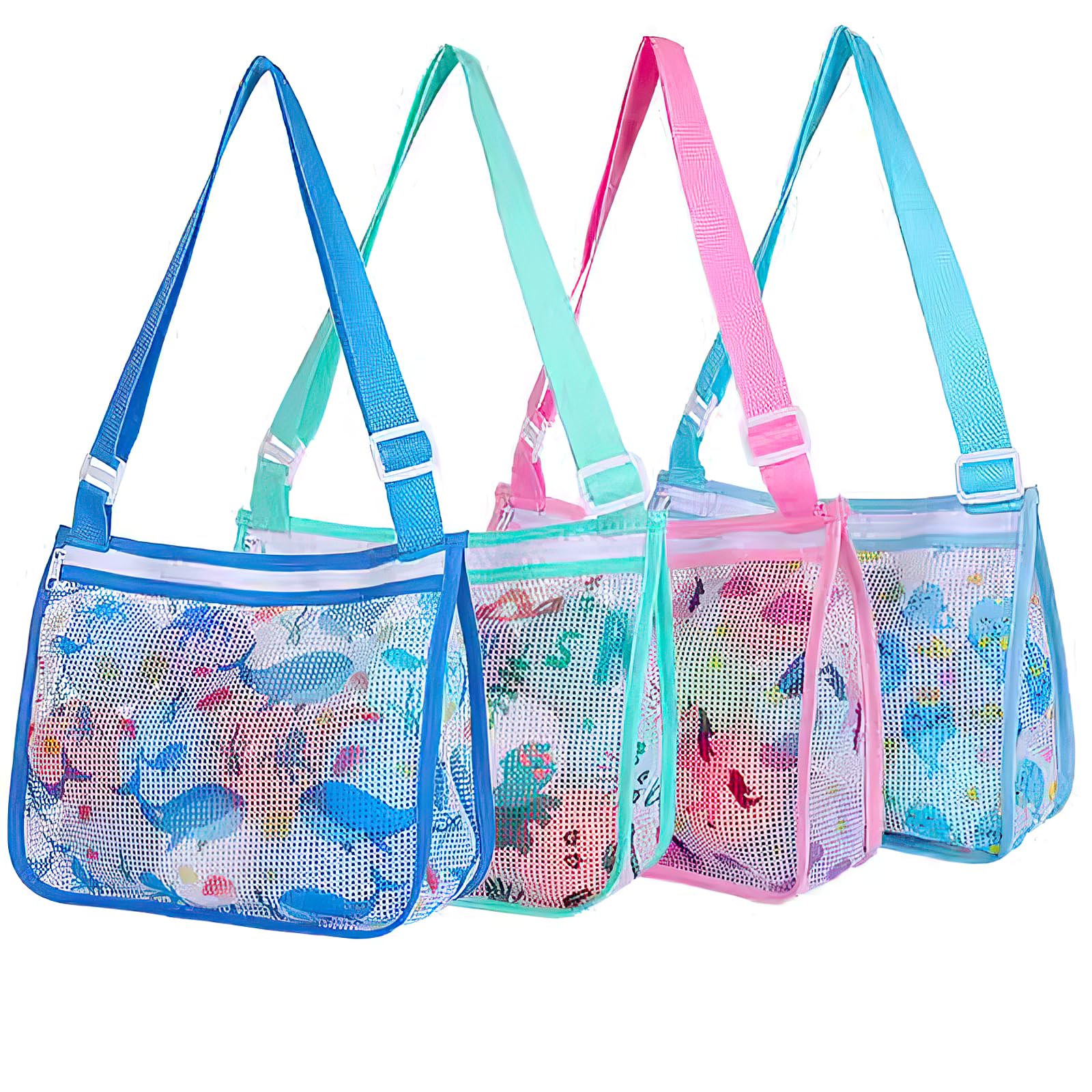 Rness Seashell Bags Set, 4 Pack Beach Toy Bags for Kids, Shell Collecting Bag, Mesh Design, Adjustable Straps, Space Saving