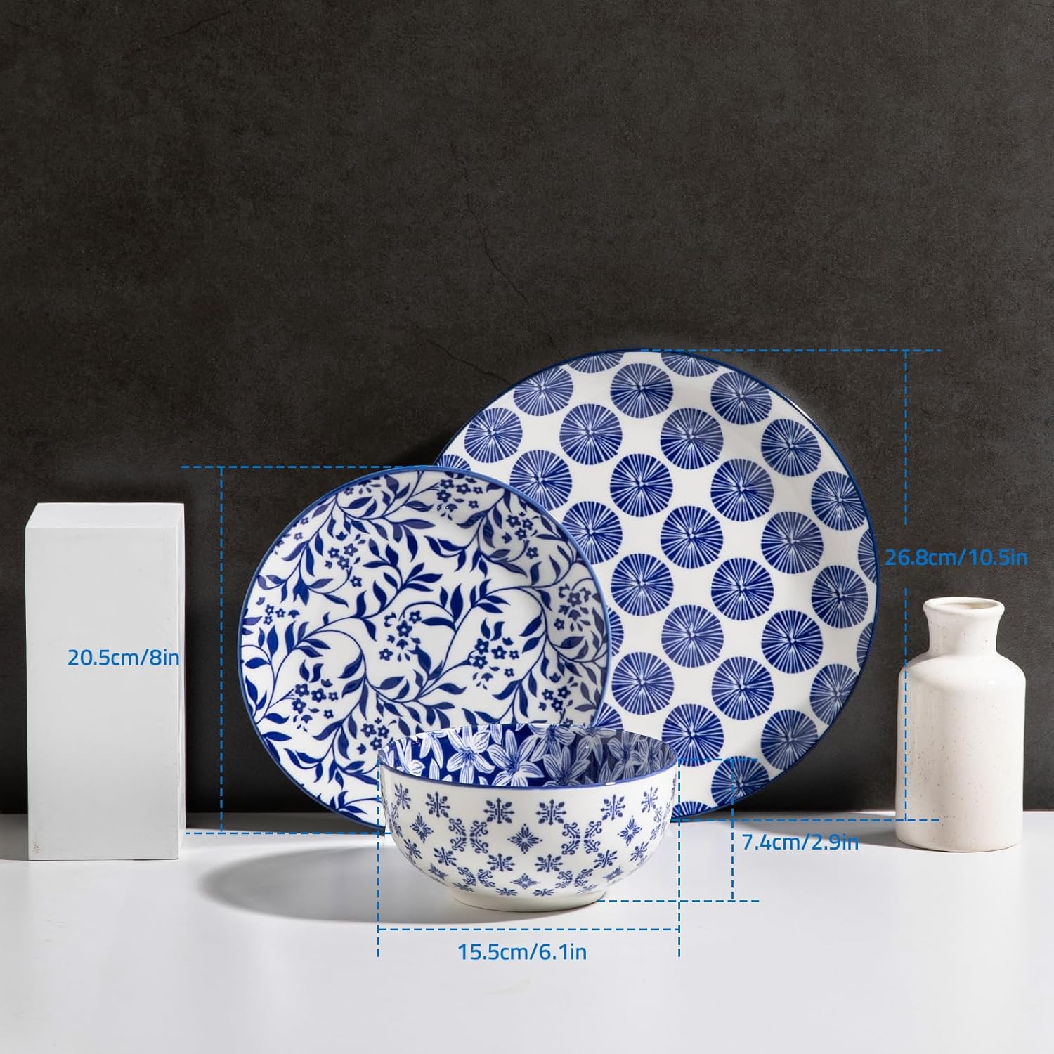 Sweejar Plates and Bowls Set for 4, 12 Pieces Handmade Ceramic Dinnerware Sets, Highly Scratch Resistant Dishes Set for Kitchen, Porcelain Dishwasher & Microwave Safe Dishes Set (Vintage Blue) - Image 5