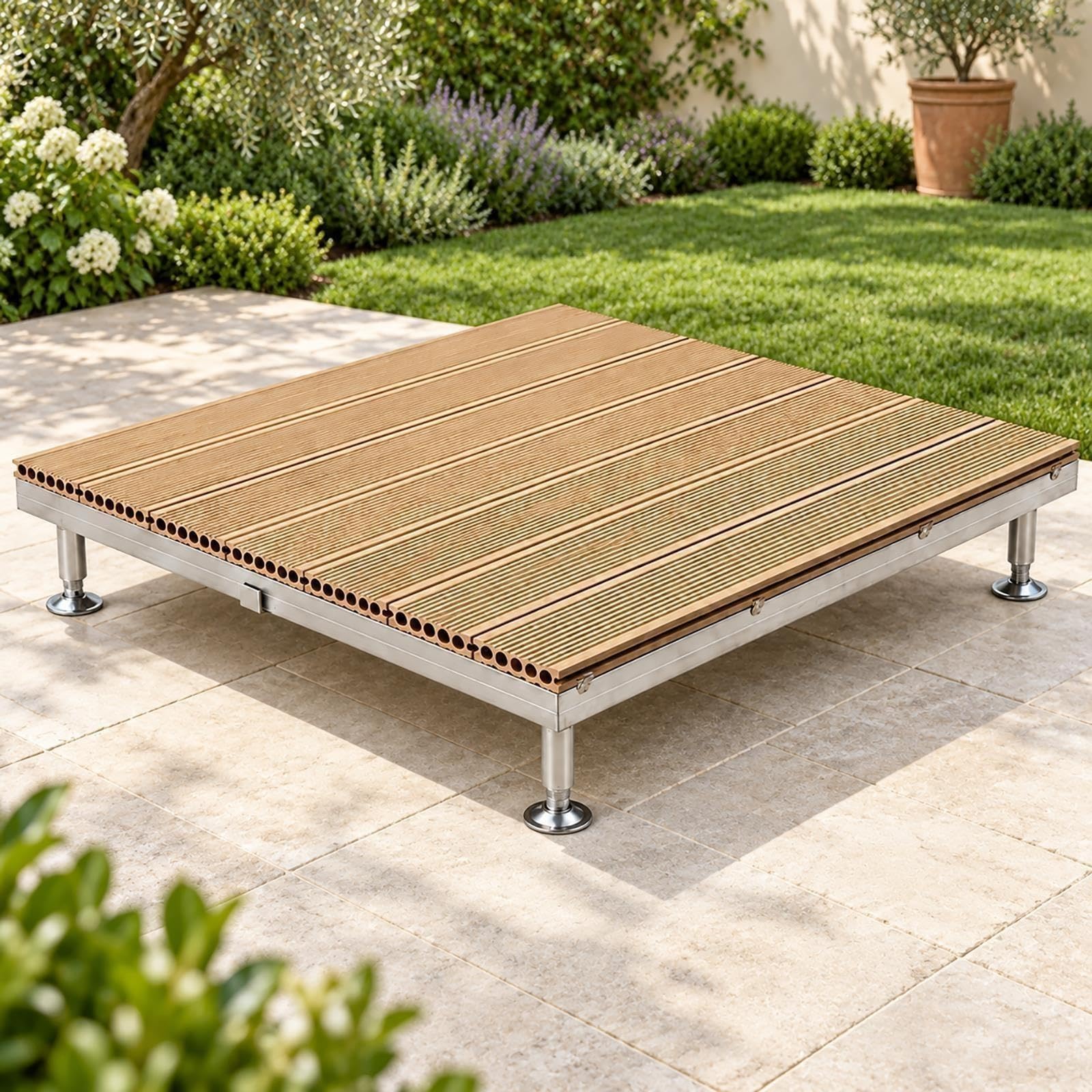 Tarima WPC, suelo exterior modular con patas metálicas de altura ajustable
