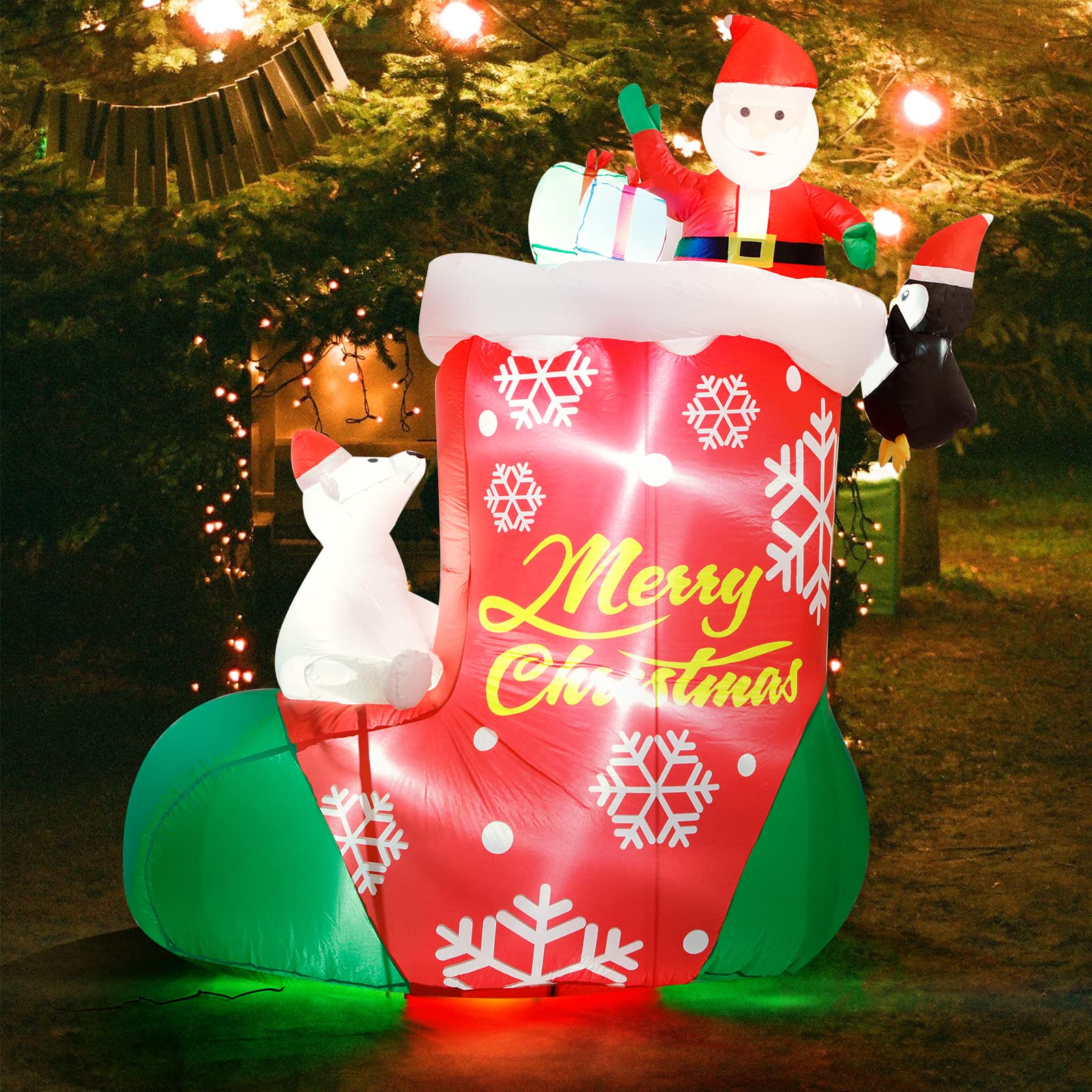 JOYDECOR 8 Foot Santa in The Stocking with Polar Bear Christmas Inflatable Decoration, Built-in LED, Indoor Yard Holiday Season, Quick Air Blown, red
