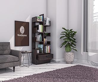 Sheesham Wood Free Standing Book Shelf | Multipurpose Bookshelf Storage Display Rack with 8 Open Shelf & 1 Drawer for Ofice | Decorative Corner Shelf Bookcase for Home Dcor | Walnut
