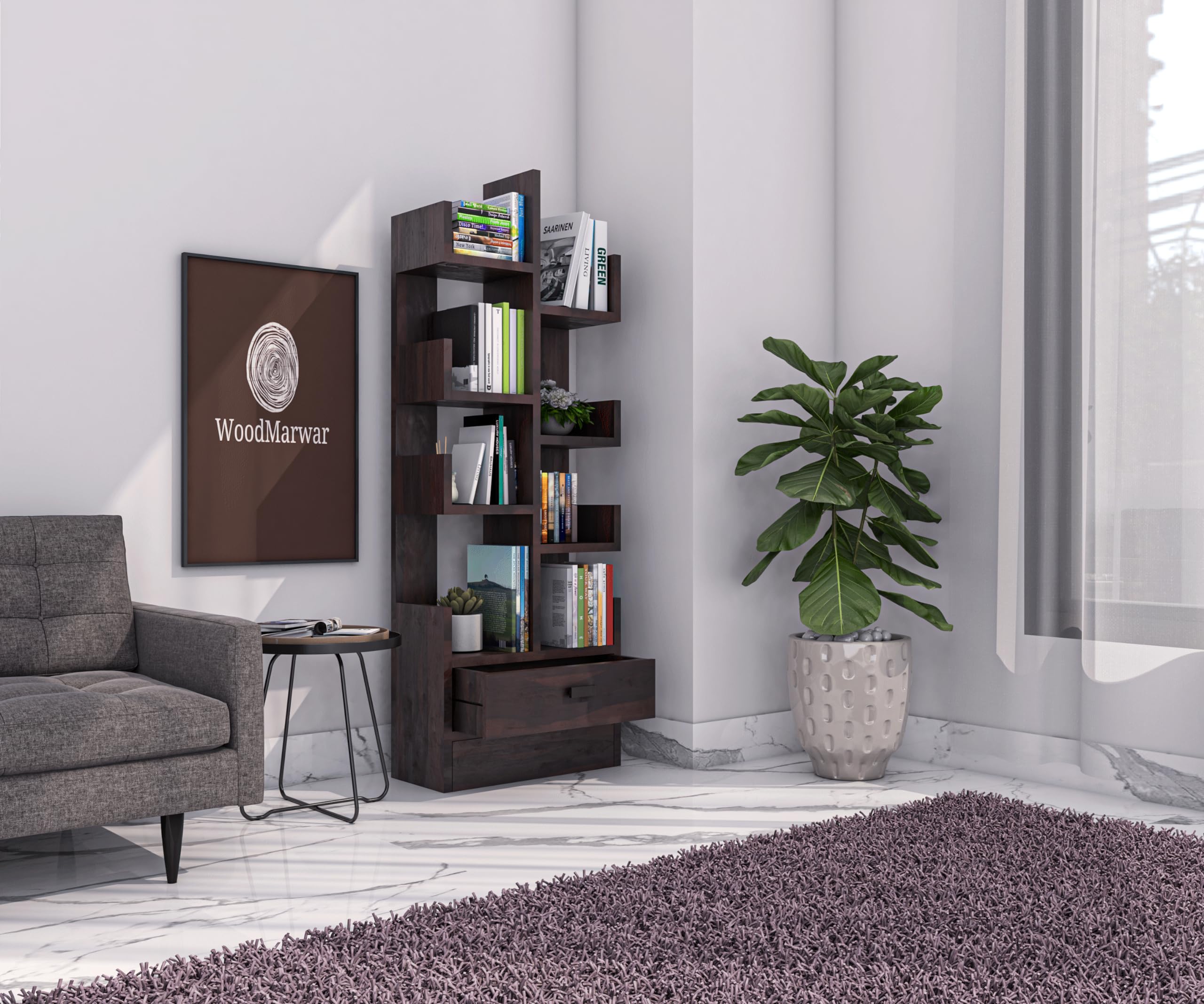 WoodMarwar Sheesham Wood Free Standing Book Shelf | Multipurpose Bookshelf Storage Display Rack with 8 Open Shelf & 1 Drawer for Ofice | Decorative Corner Shelf Bookcase for Home Dcor | Walnut