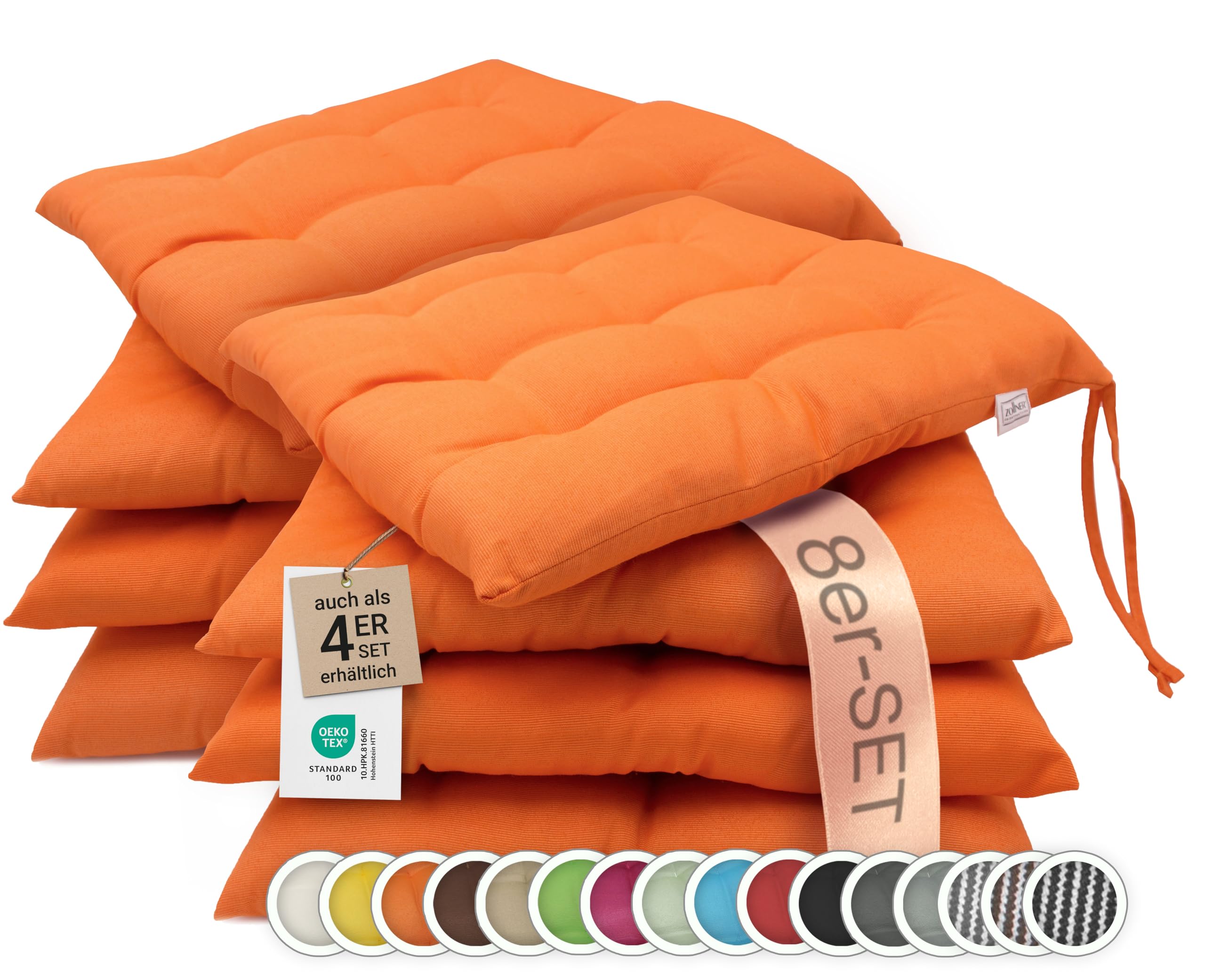 ZOLLNER 8er Set Sitzkissen in 40x40cm - gemütliche Stuhlkissen mit Bindebänder - waschbar bis 30°C - in orange - Oeko Tex® Zertifiziert