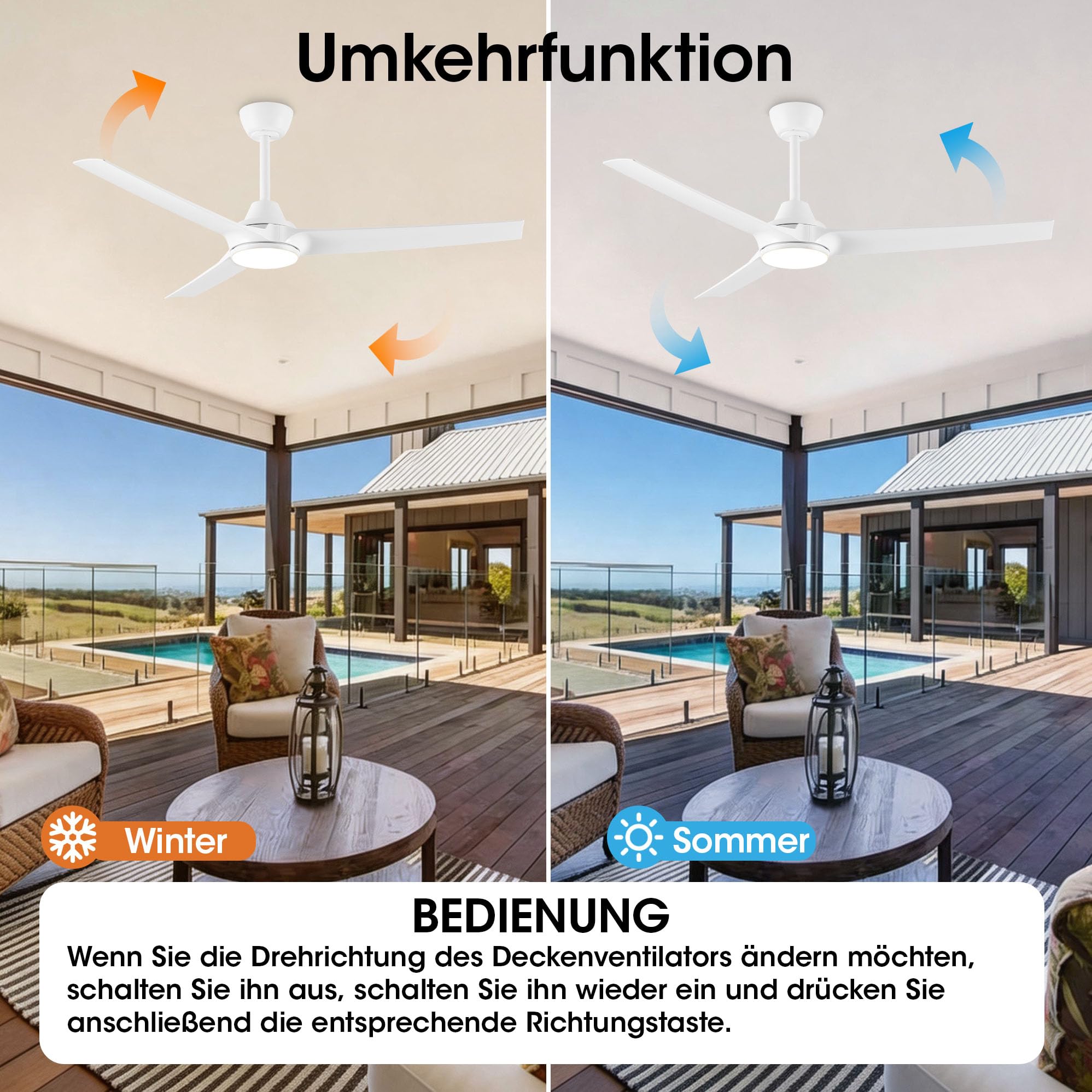 Parrot Uncle 132cm Ventilator Deckenleuchte,Umkehrbarer Ventilator, 3 Flügel, 3 Farbtemperatur,6 Geschwindigkeiten Zeitschaltuhr,Fernbedienung Leise Dimm für Schlafzimmer Wohnzimmer,Weiß