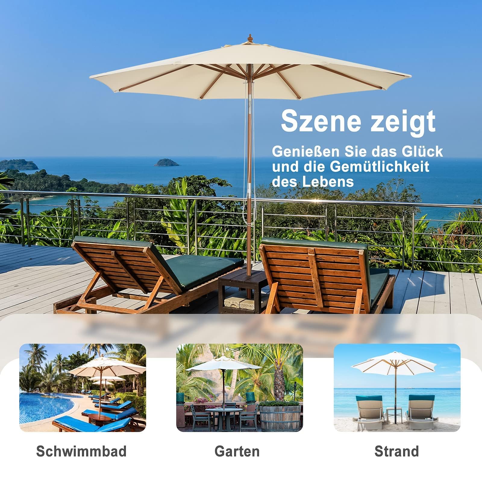 GOPLUS Sonnenschirm Holz, Gartenschirm 260cm UV-Schutz, Marktschirm mit 3-stüfig höhenverstellbar, Balkonschirm, Terrassenschirm tragbar leicht, Tischschirm für Garten, Strand, Terrasse & Pool, Beige