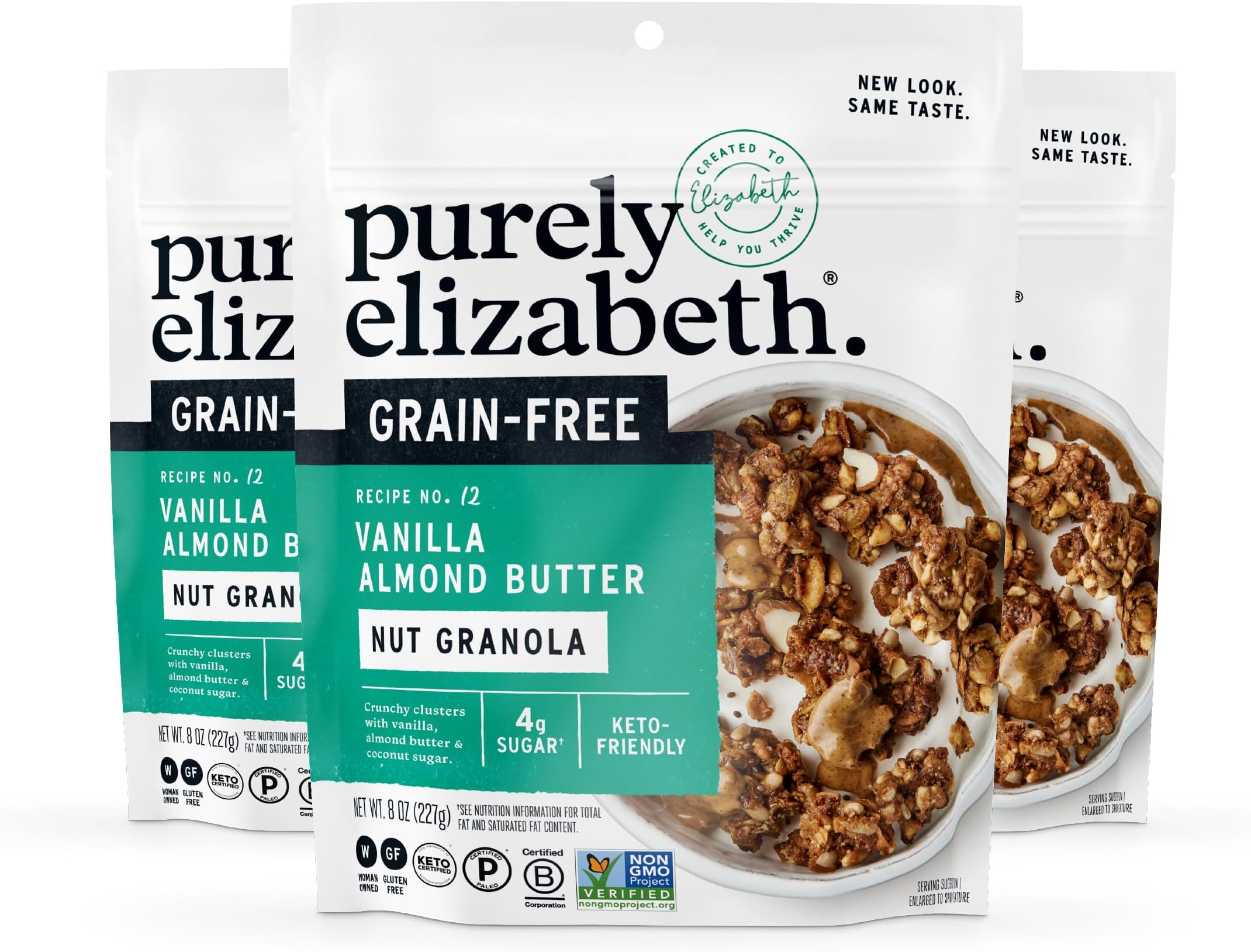 Purely Elizabeth, Vanilla Almond Butter, Keto Granola with MCT Oil, Grain-Free (3 Ct, 8oz Bags)