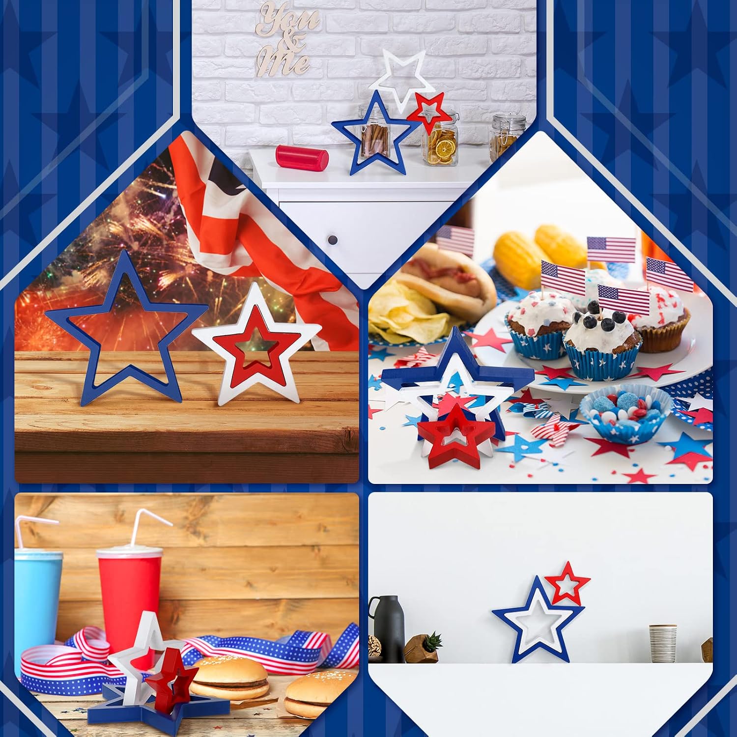 Blulu 3 Pcs Labor Day Star Decorations Patriotic Red and White Blue Star Wooden Signs America Table Decor Farmhouse Tabletop Centerpiece for Veterans Day Home Office Desk Shelf Mantle (Classic)