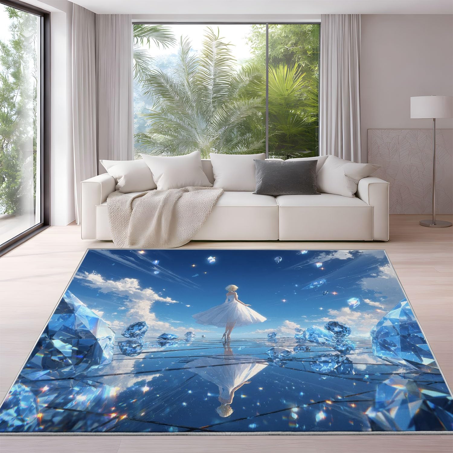 Puszysty dywan anime, elegancki dywan, marzycielskie błękitne niebo, nie gubi włosia, łatwy do czyszczenia, do jadalni, kuchni, biura, 80 x 150 cm