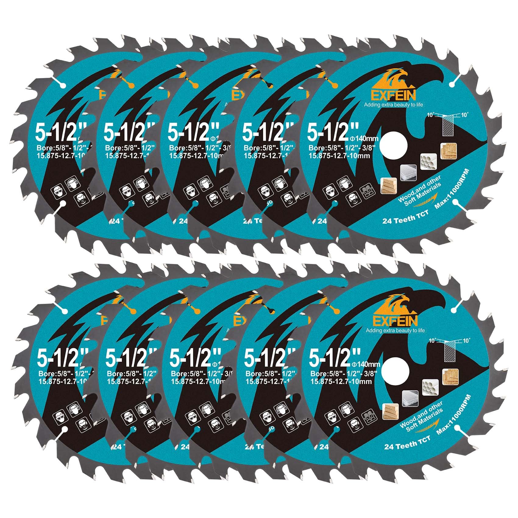 EXFEIN 140mm Wood Cutting Discs 10pcs, 24 Teeth ATB TCT Fine Finish Disc with 15.875mm Bore for Wood Plastic