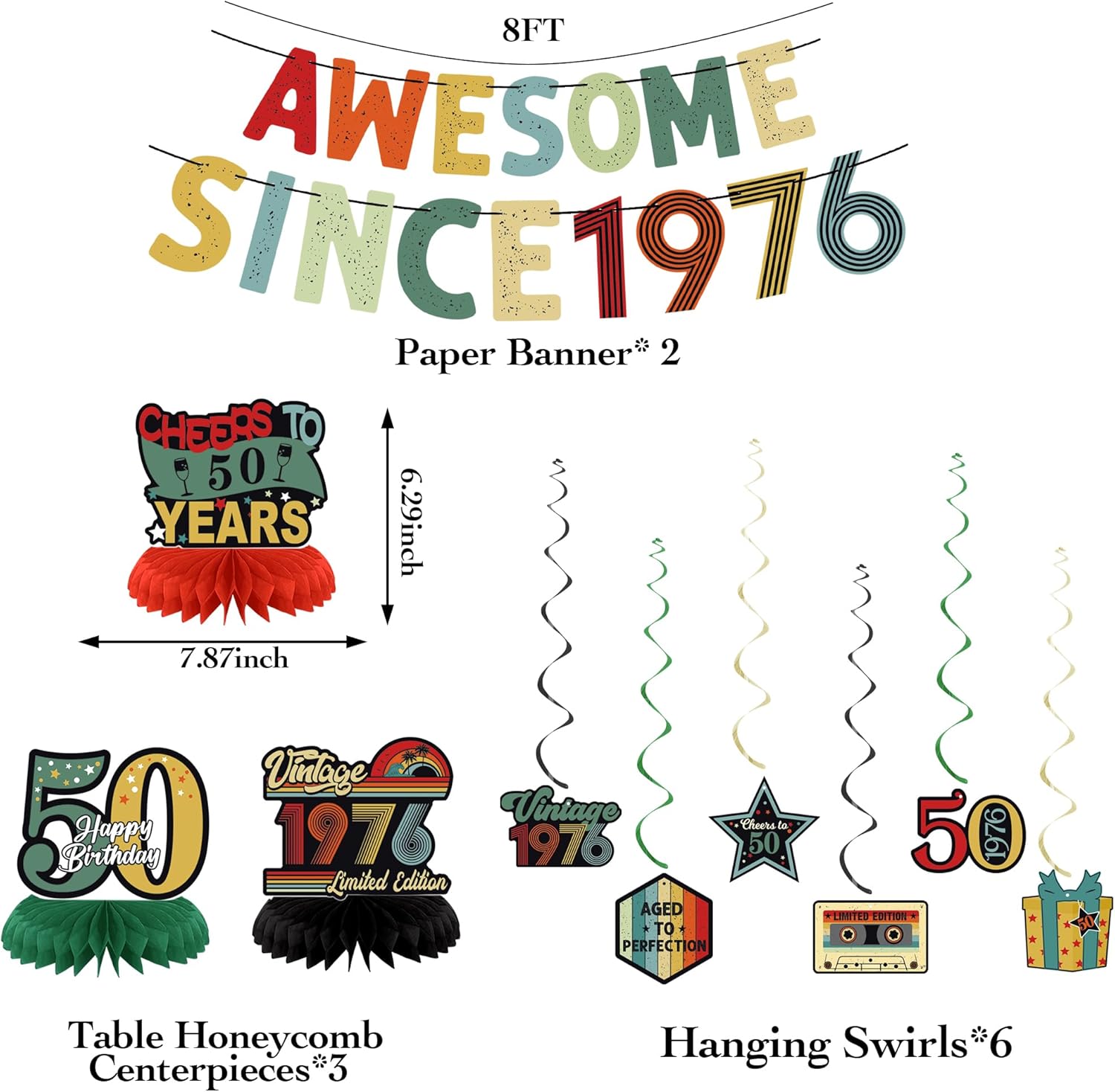 Crenics Vintage 50th Birthday Decorations for Men or Women - Awesome Since 1976 Banner, Honeycomb Centerpieces and Hanging Swirls for 50 years old Party Supplies - Image 2