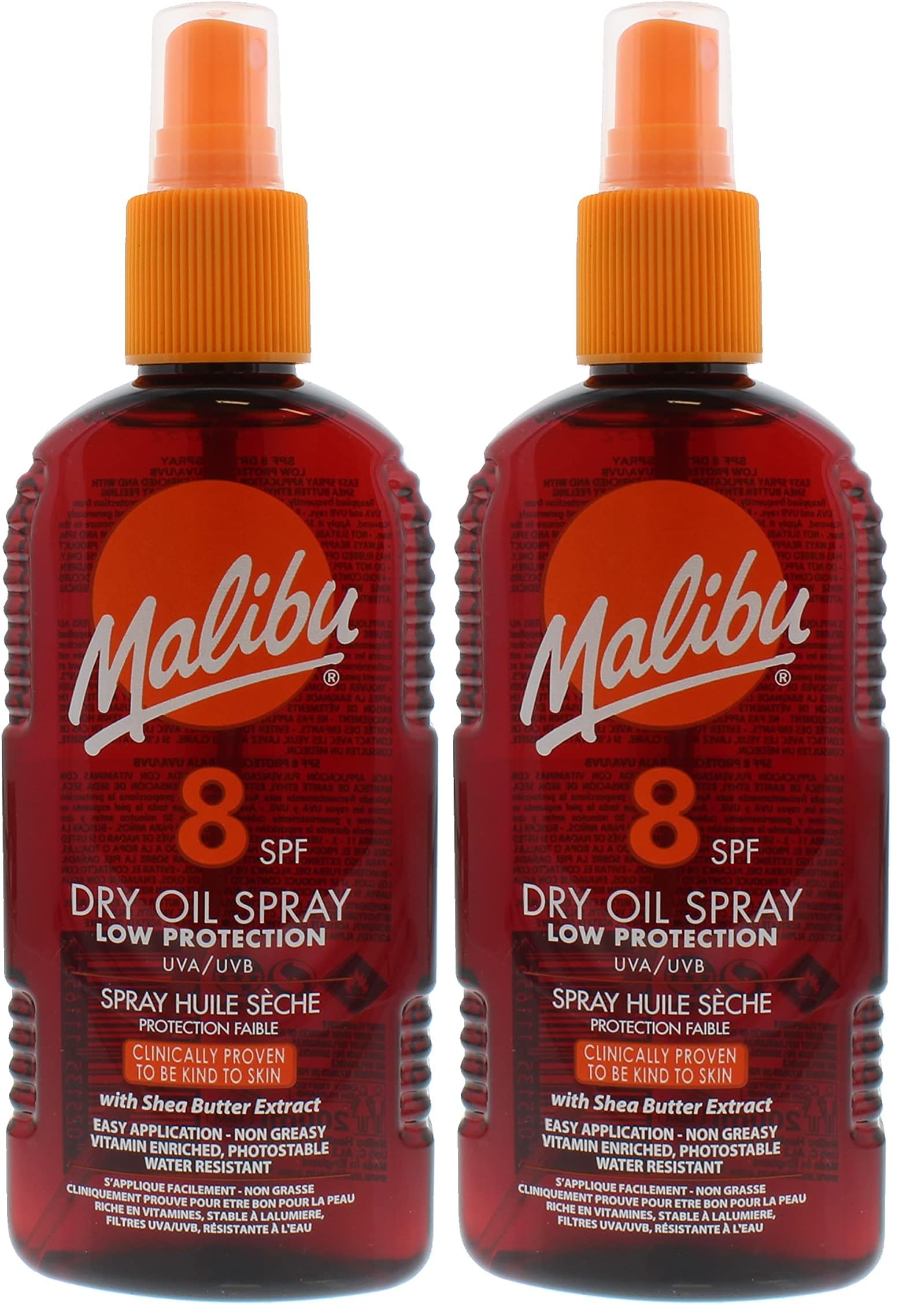 Malibu Sun SPF 8 Non-Greasy Dry Oil Spray for Tanning with Shea Butter Extract, Low Protection, Water Resistant, 200ml (Pack of 2)
