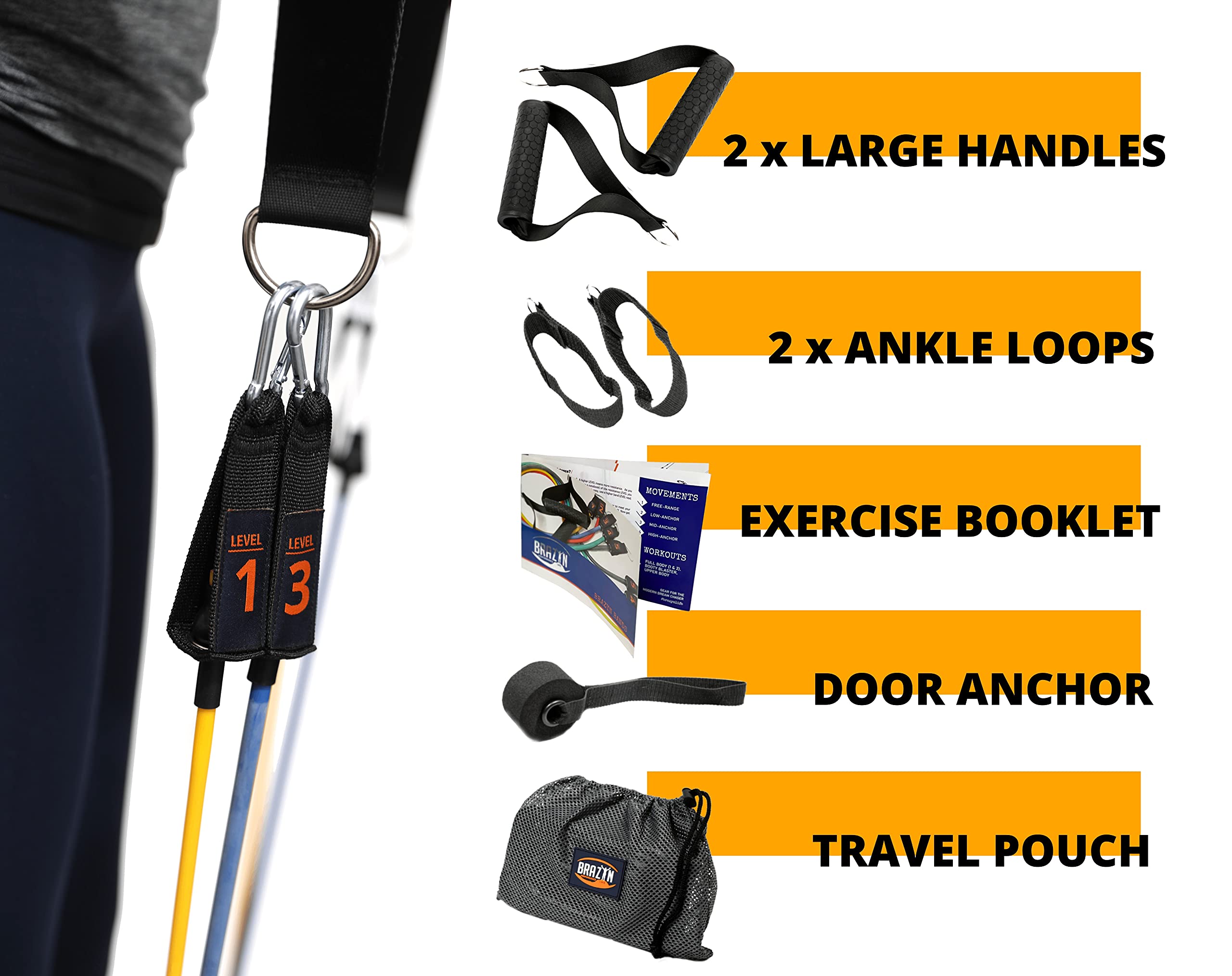 Brazyn Widerstandsbänder-Set mit Griffen, 12-teiliges Band-Set mit Reisetasche, Anleitung, Knöchelriemen und Türanker, für Workout, Fitnessstudio, Krafttraining, Bungee, Yoga, Pilates, Physiotherapie