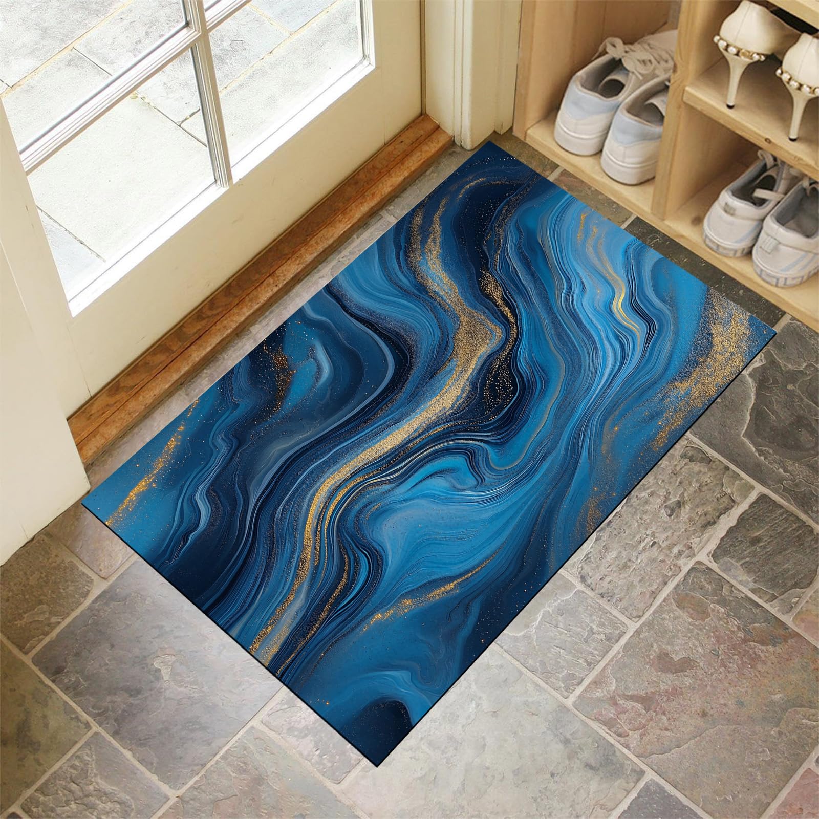 Tapis de porte extérieur lavable au motif vagues bleues pour la cuisine