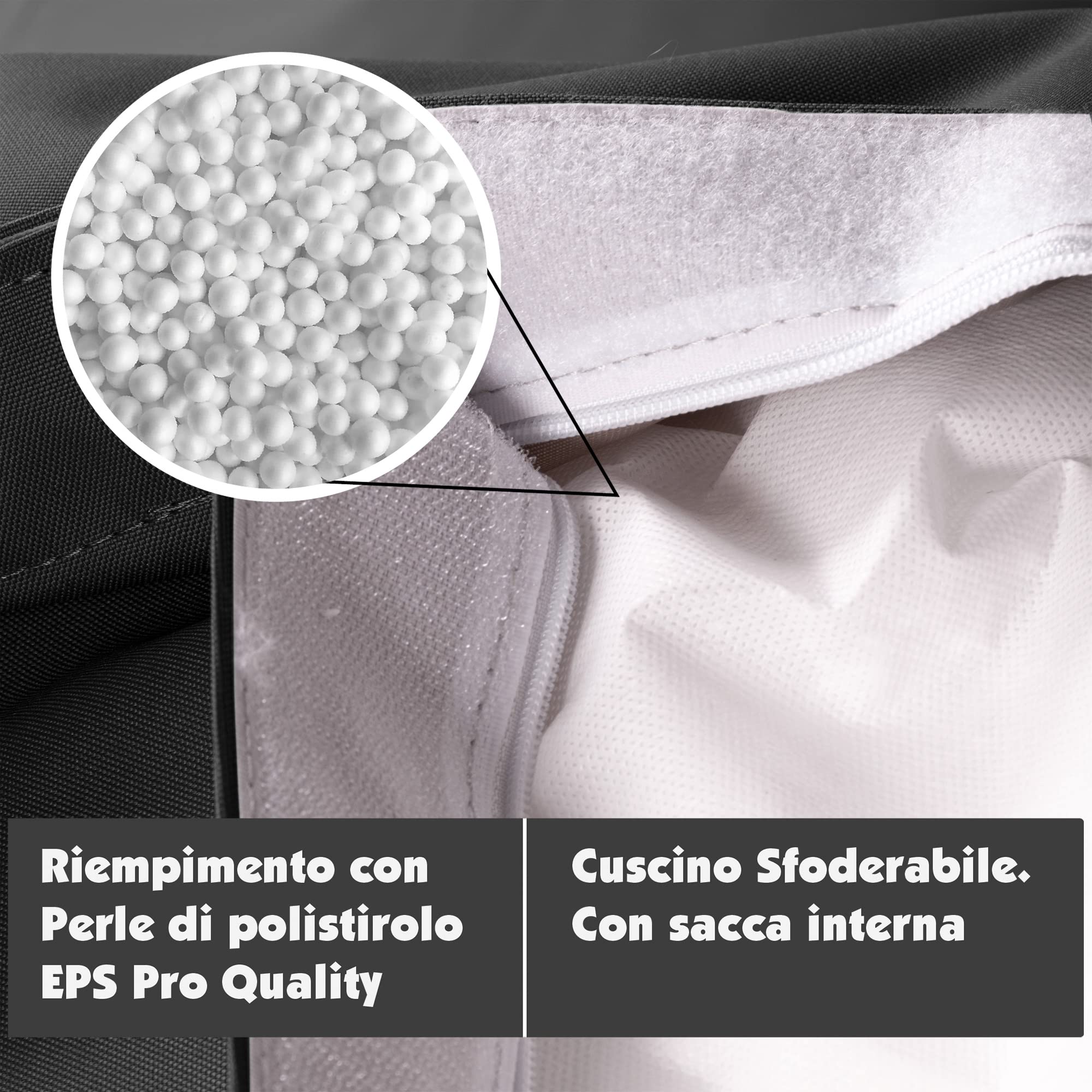 Avalon - Puff Poltrona Sacco Cuscino Gigante Thin 600L Deluxe Sfoderabile, Pouf Sacco Sartoriale, Bean Bag Tessuto Antistrappo/Impermeabile con Sacca Interna, Made in Italy (200x140cm-Nero)