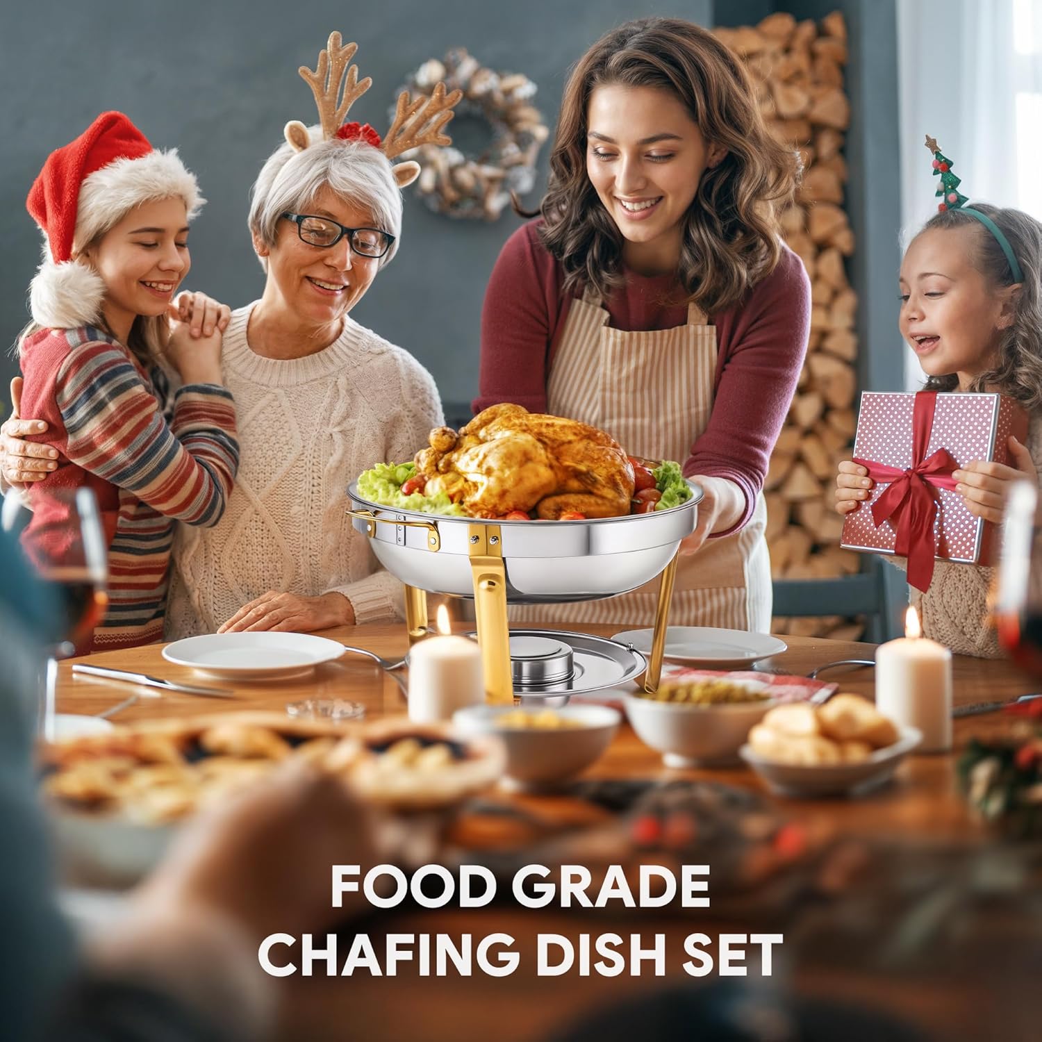 WILPREP Chafing Dishes for Buffet, 4 Pack 5 qt Round Chafing Dish Set with Foldable Frames & Lid Holders, Food Grade Stainless Steel Food Warmers for Parties Buffets Banquets Events, Gold & Silver