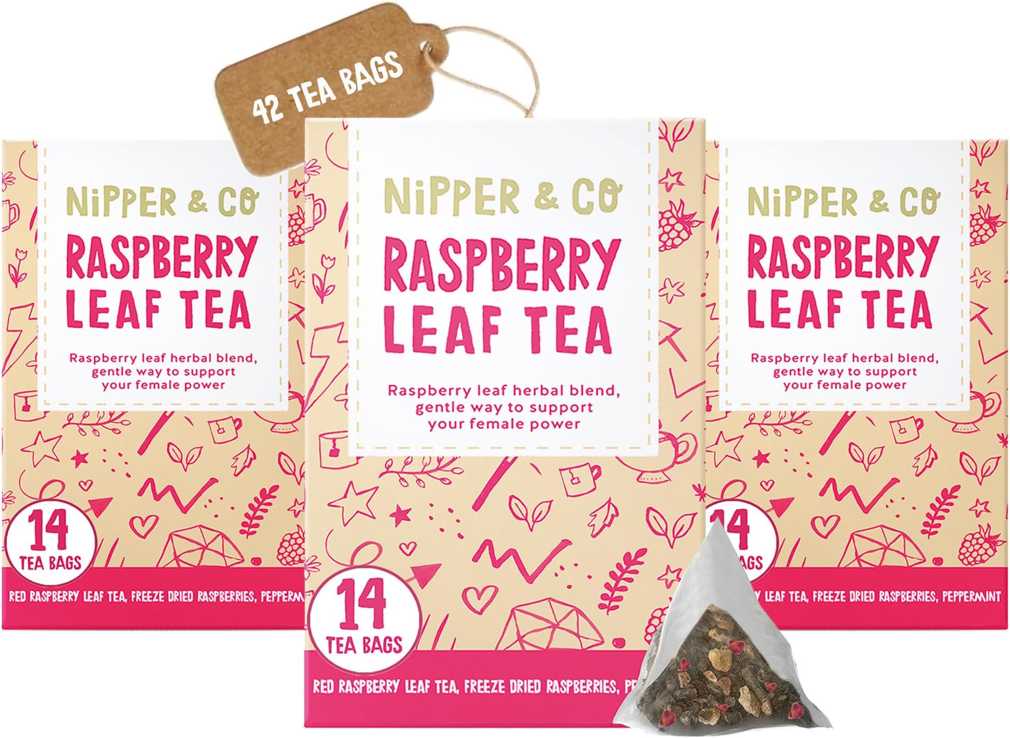 Nipper & Co, Red Raspberry Leaf Tea Pregnancy, 3 pack (42 Reusable Bags = 126 Cups) Natural Whole Leaf Tea Pillows, New Mum To Be Gift Hamper Present, Gift For Pregnant Women Pamper Kit, Baby Shower