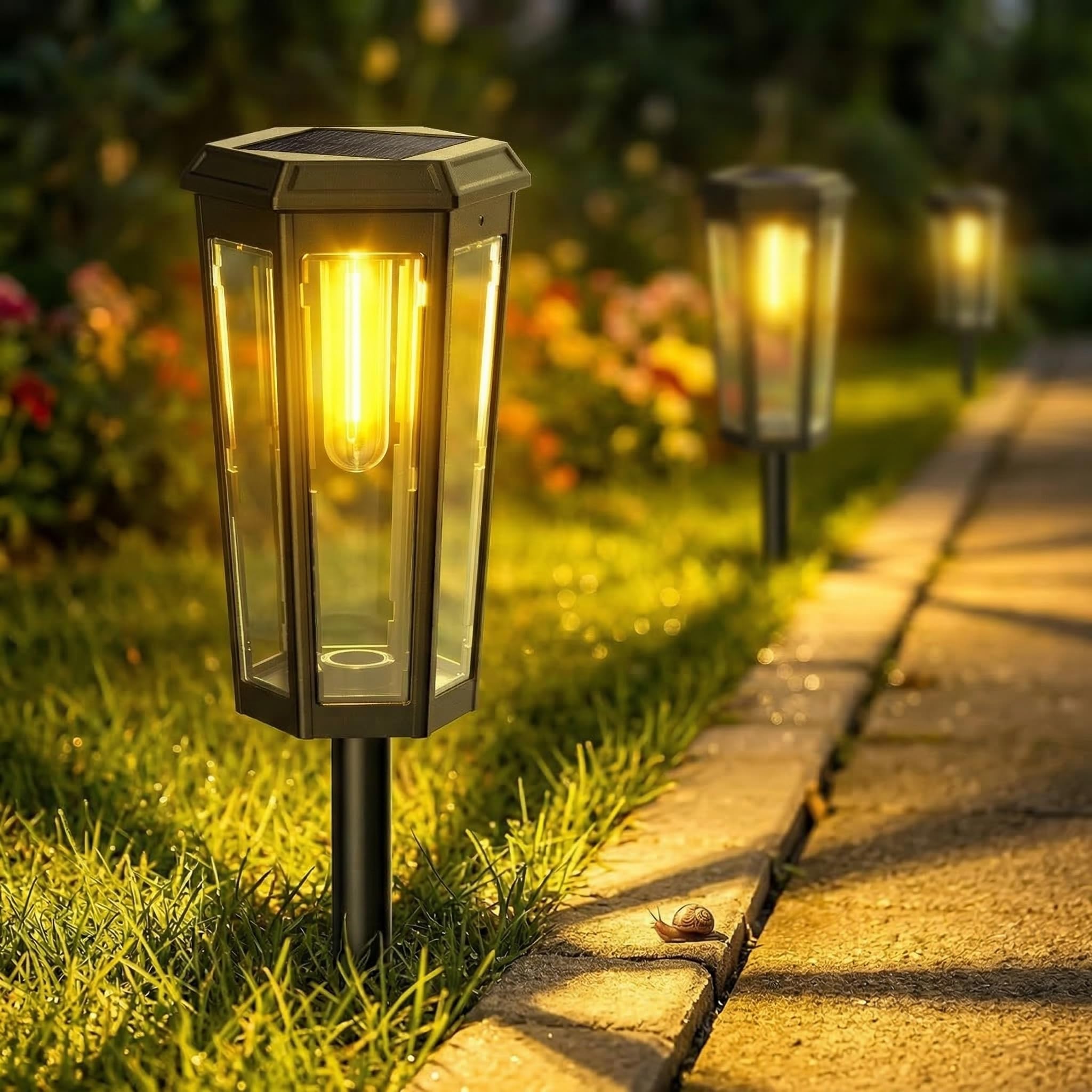 6 Stück Solar-Wegleuchten für den Außenbereich, helle LED-Glühfaden-Solar-Gartenleuchten, IP65 wasserdicht, solarbetriebene Außenlandschaftsbeleuchtung