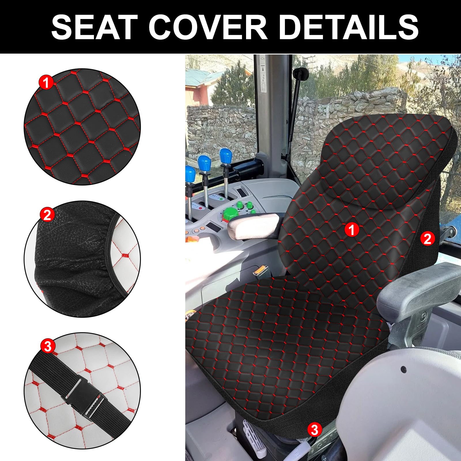 Coprisedile universale resistente per trattore con poggiatesta, impermeabile in pelle per carrelli elevatori, in pelle nera, cuciture rosse