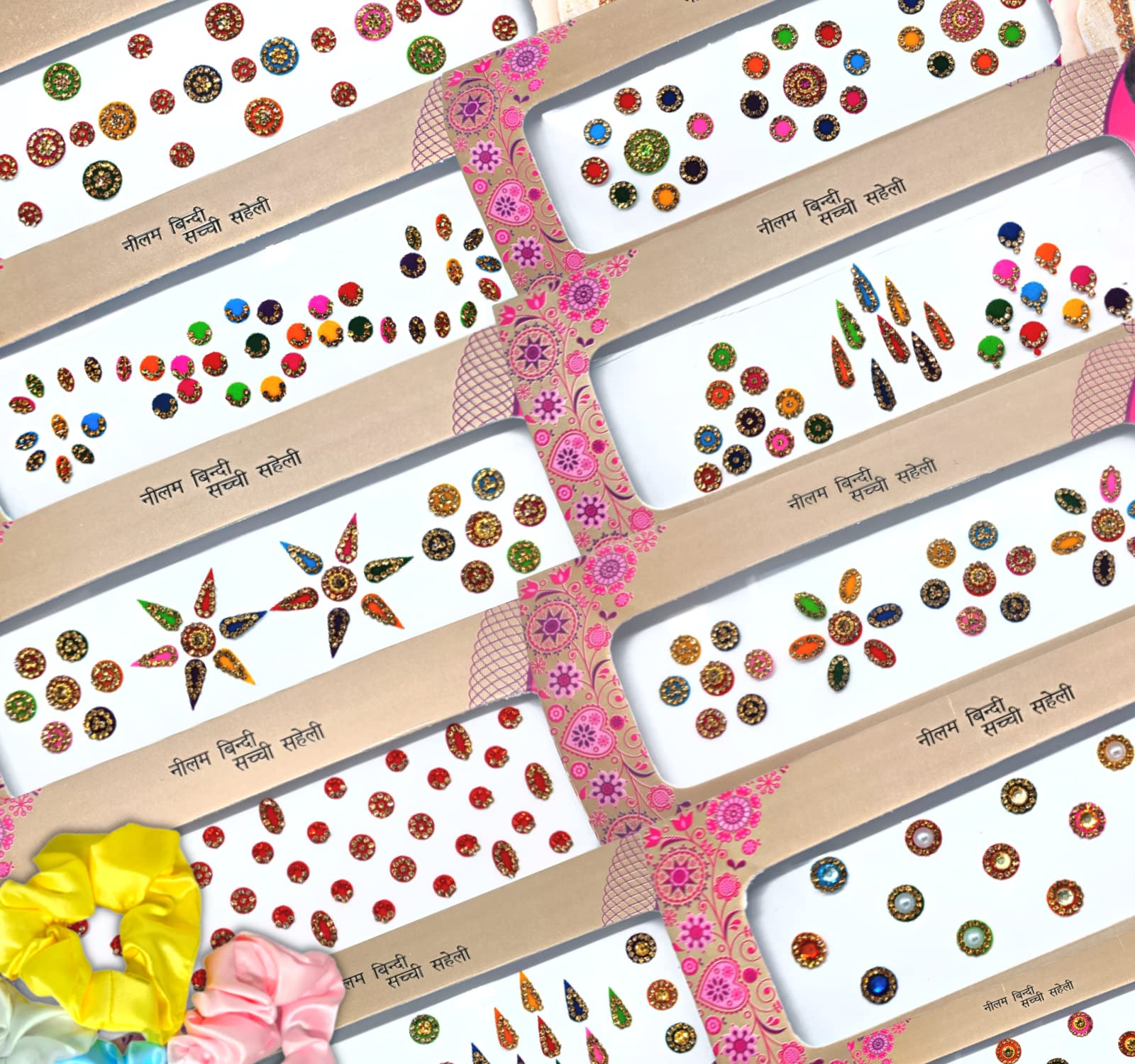 quarya bindi bindiya kumkum tikka colourful forehead sticker golden silver stone studded simple plain round designer multicolor velvet maroon bindis sindoor for women girls ladies ( 1 pc bindi flap plus 1 pc satin hair scrunchy)