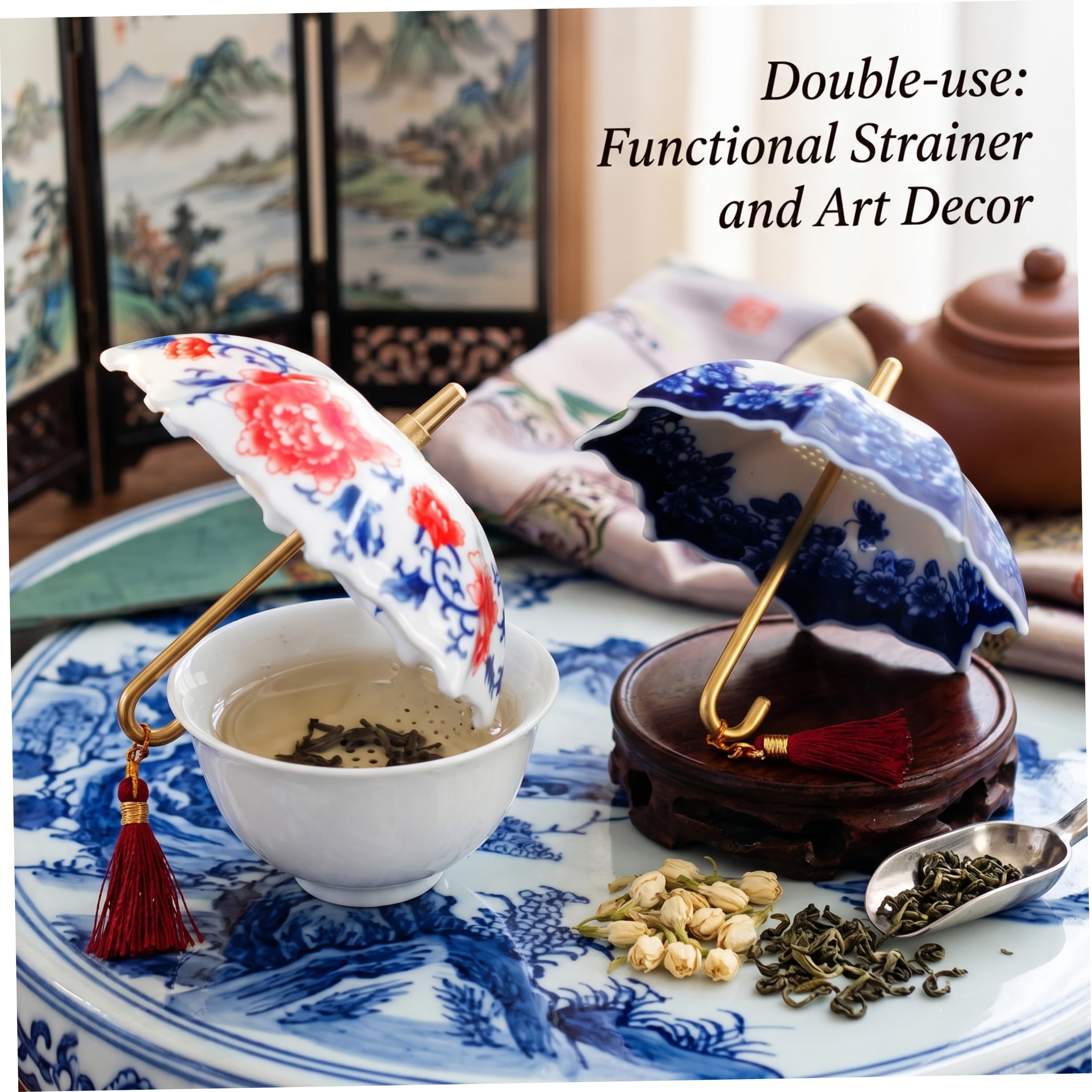 2 filtri per tè con ombrello, infusore rotante per tè a foglie sfuse con filtro in ceramica in porcellana blu e bianca