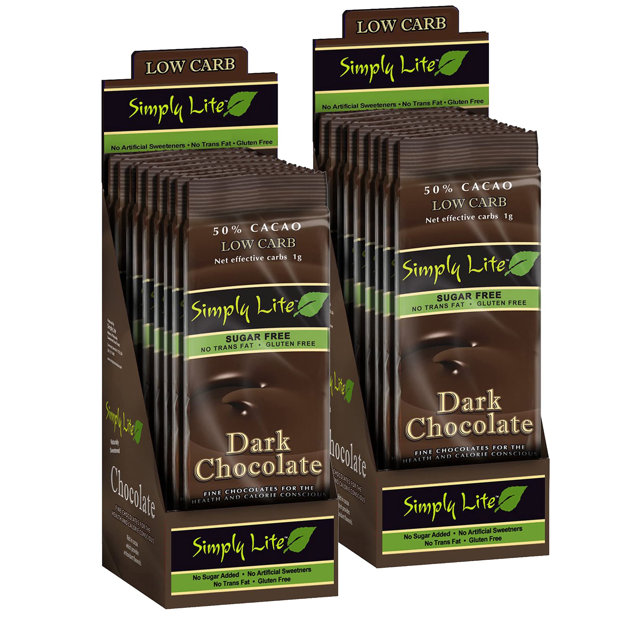 Simply Lite Dark Chocolate Bar - Gluten-Free - No Added Sugar with No Trans Fat - Low-Calorie Low -Carb Keto Diabetic Friendly - Non-GMO - 50 Natural Cacao - 3oz (2 Packs of 10 Bars), 20 Bars