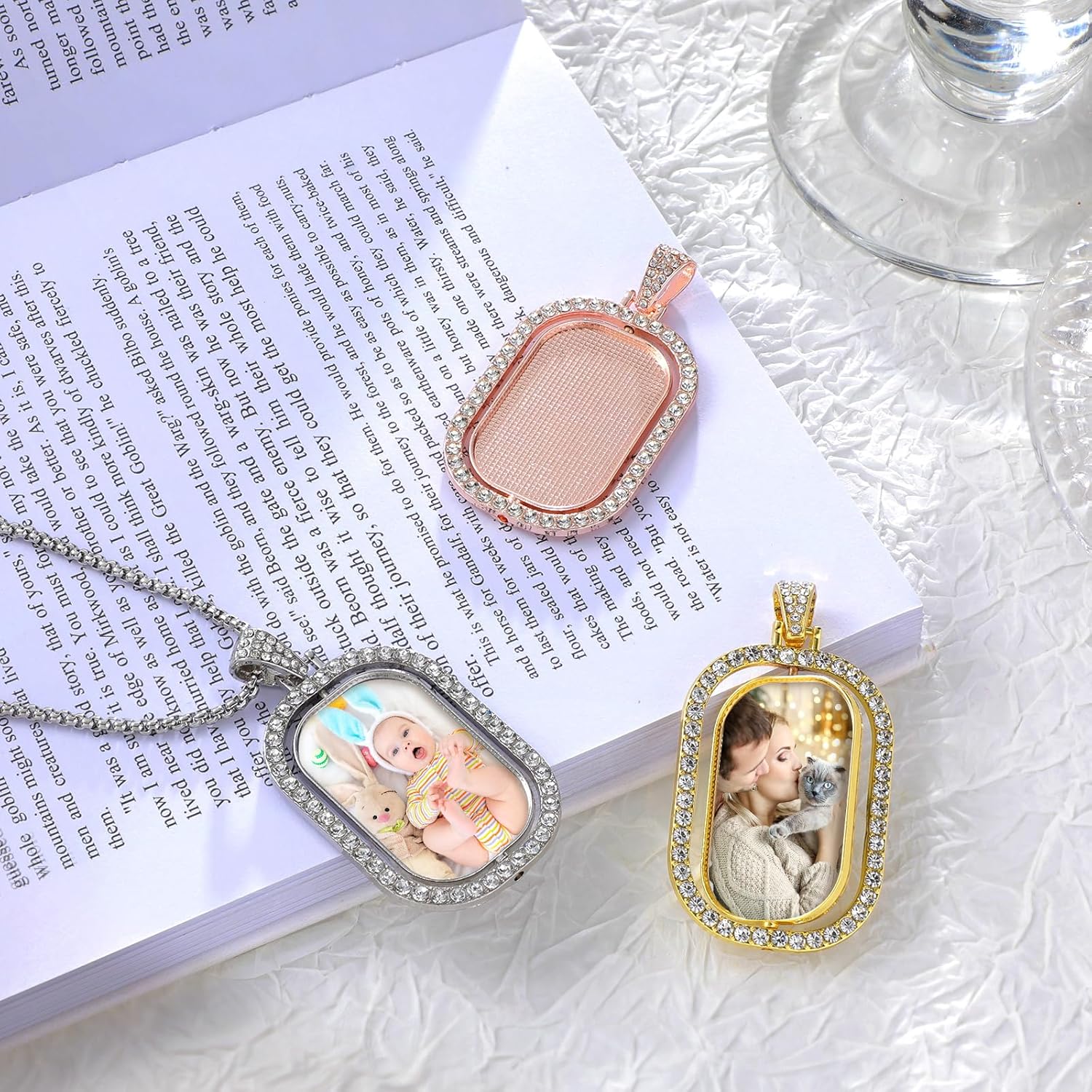 Junkin 24 Pcs Sublimation Rhinestone Trays Pendant Set, Including 6 Double Sided Blank Rhinestone Bezel Trays, 6 Pcs Thick Chains with 12 Sublimation Discs for Making (Silver, Gold, Rose Gold) - Image 5