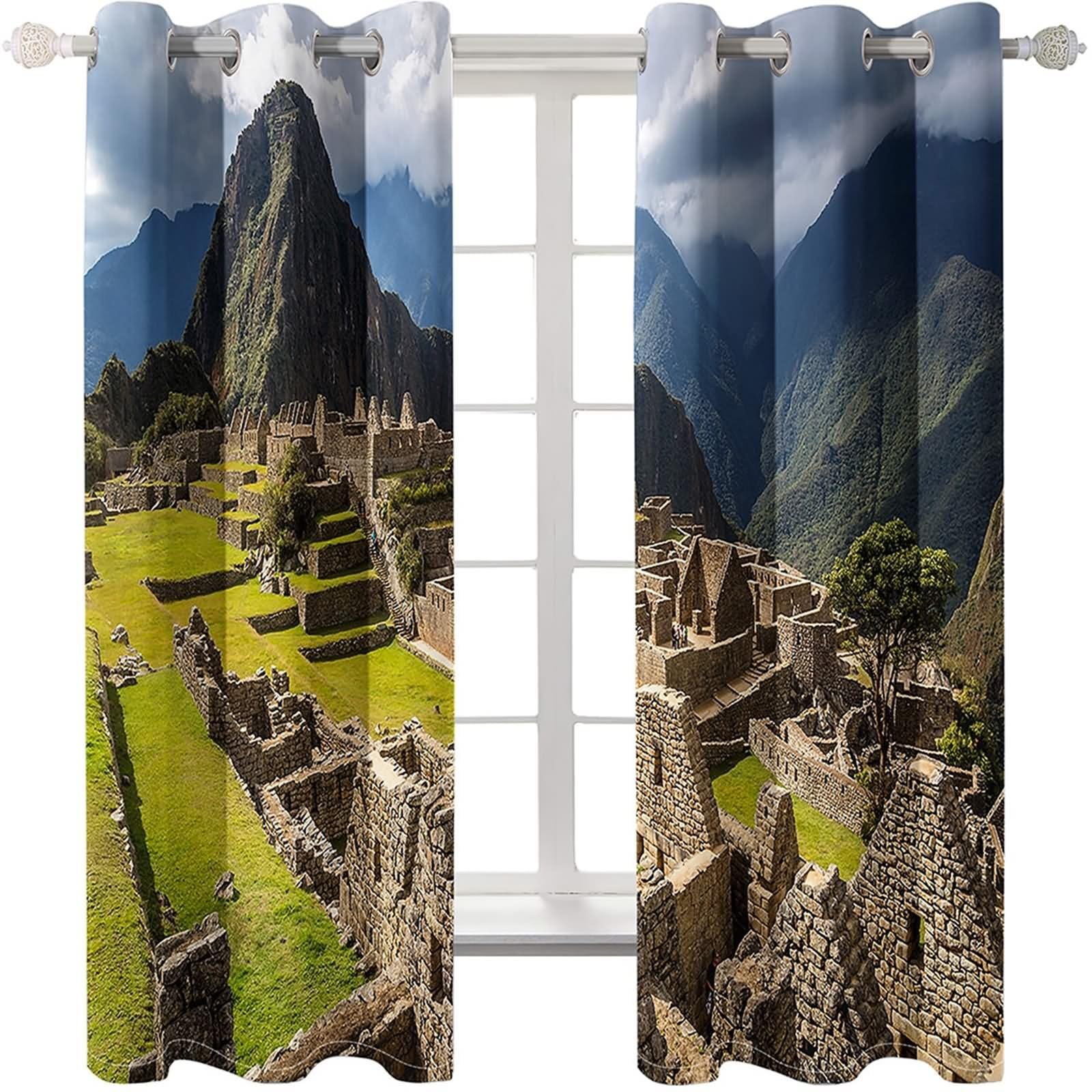 Curtains Rustique, Rideau Salle de Bain Fenetre Jaune Vert Marron Paysage de Montagne Polyester 2 Panneaux 428x183cm