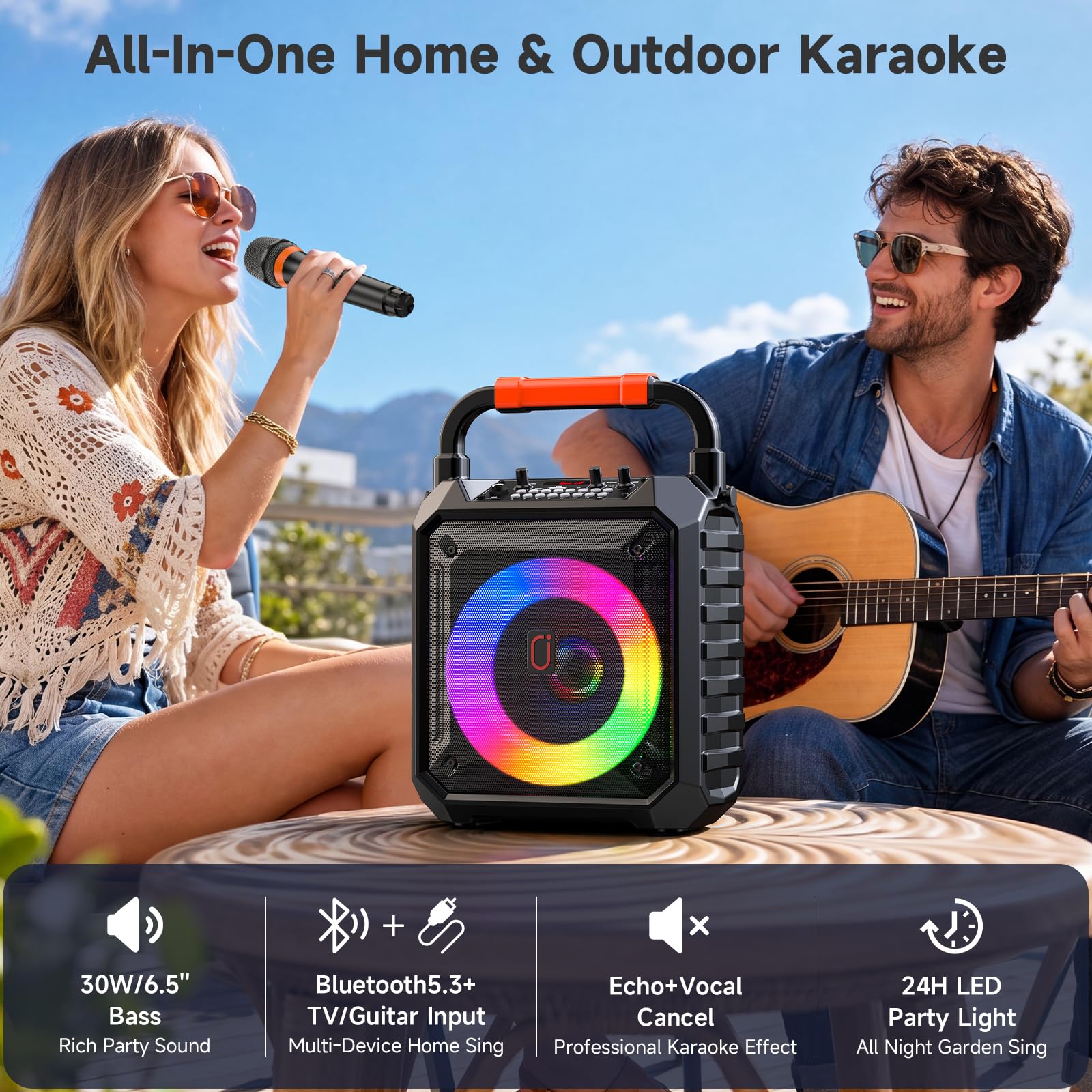 HWWR Macchina per karaoke, 2 microfoni, altoparlante portatile Bluetooth per karaoke con luci DJ, per feste e all'aperto, microfono wireless per karaoke per adulti e bambini, sistema PA karaoke