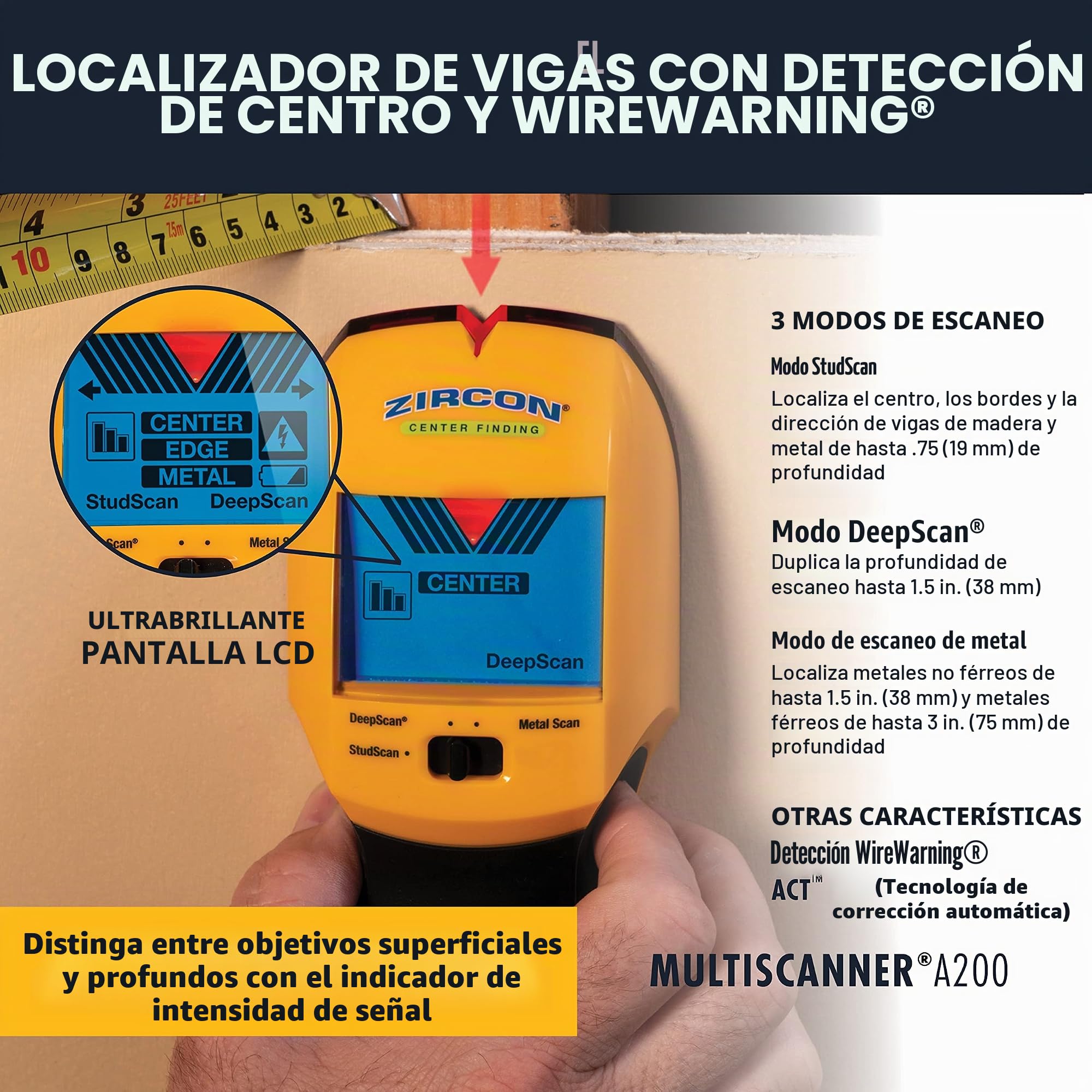 Zircon Multiscanner A200 - Escáner electrónico de Pared, Detector de Metales, detección de Cables de CA en Vivo con Puntero SpotLite