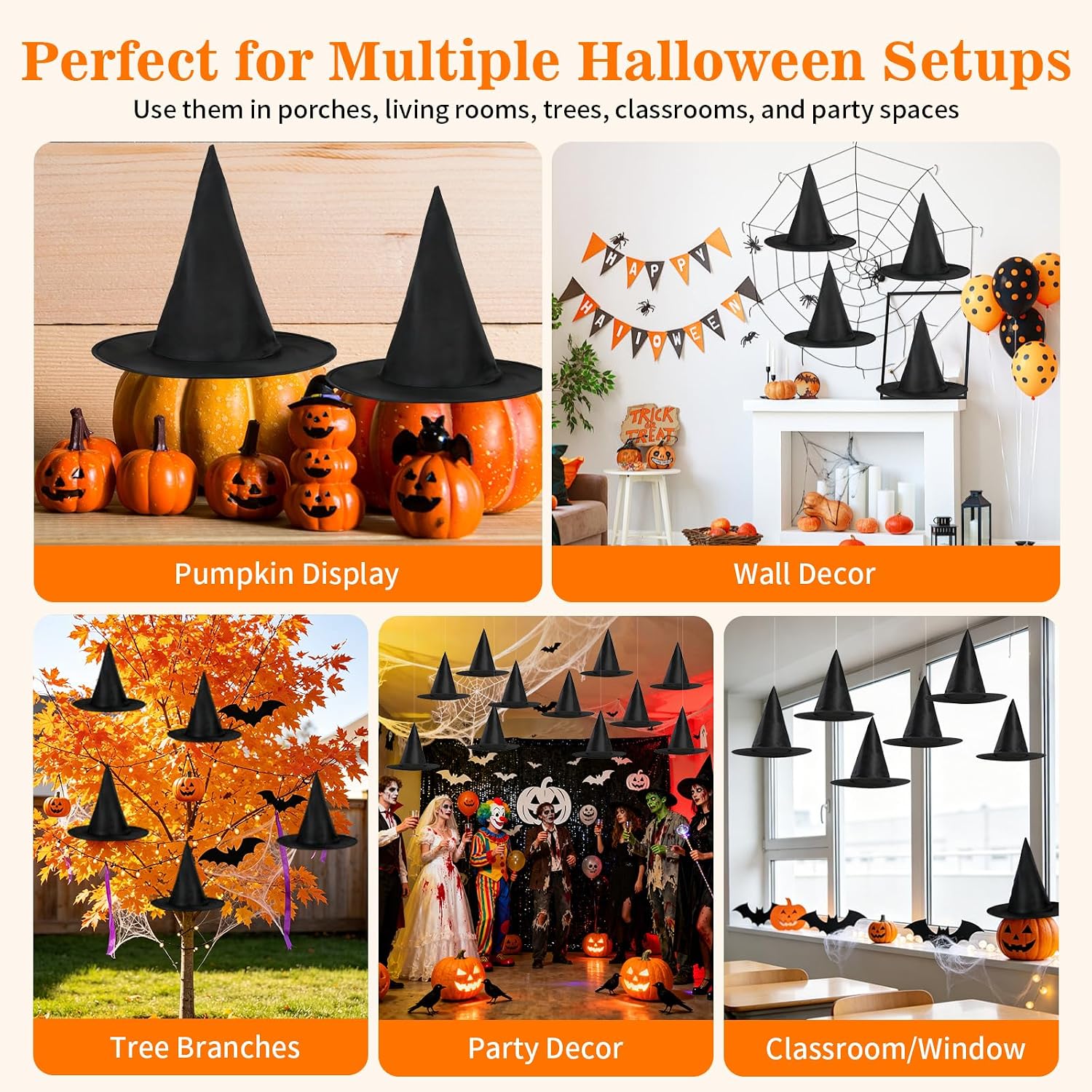 AIAKO 12 PCS Floating Witch Hats for Halloween Decorations Outdoor & Indoor, Premium Oxford Black Witches Hat with 164 FT Clear Fishing Line for Hanging Porch Yard Decor & Costume Accessories