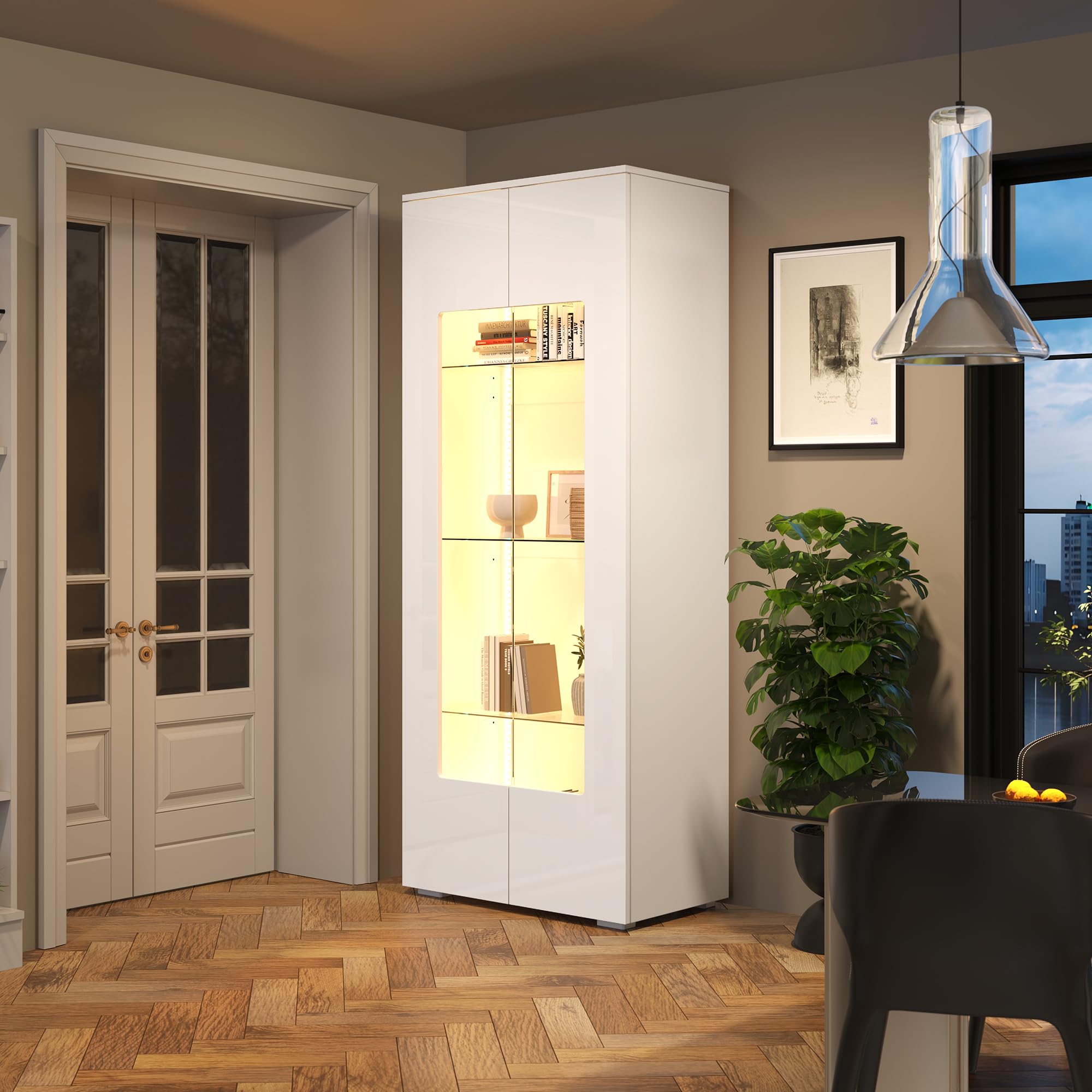 Vitrina blanca brillante para salón, 70 x 40 x 173 cm, con LED y 2 puertas acrílicas