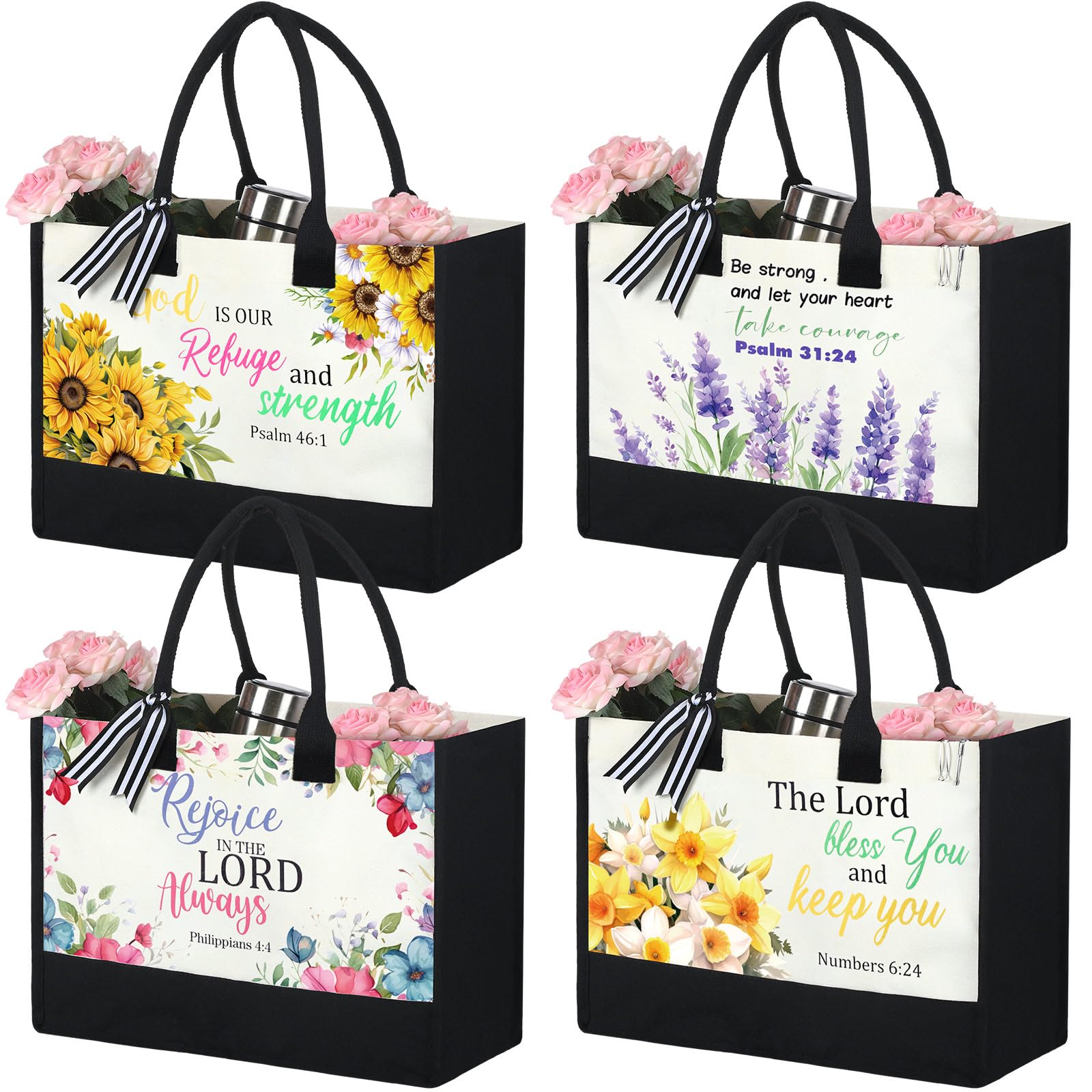 Huhumy 4 Pcs Religious Tote Bags for Women Christian Inspirational Bag Bible Verse Church Gift Canvas Bag Black Tote Bags