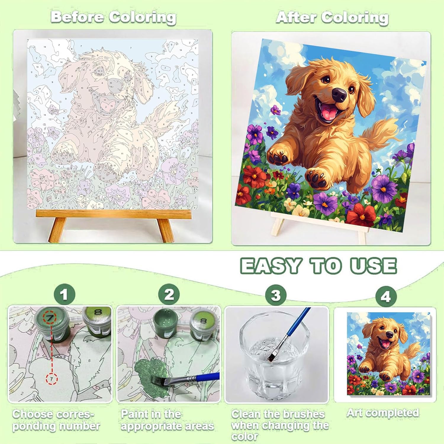 Dog Paint by Numbers Kit for Kids with Frame - Cute Dog Paint by Number for Kids, Kid Painting by Number Kits Age 8-12 for Home Wall Decor 8X8inch (with Wooden Easel)