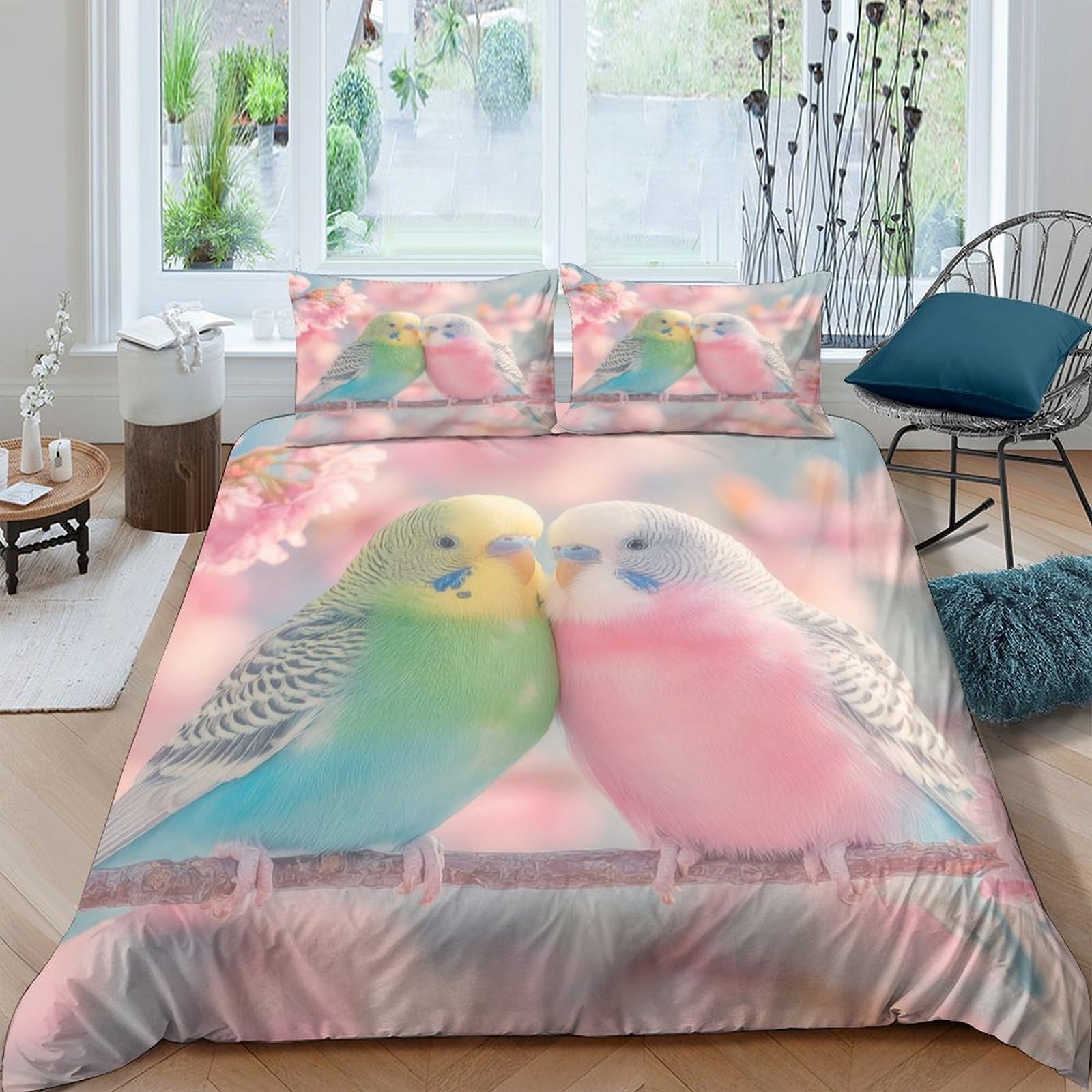 GPLZQXKJNH 3D Printed Budgie Love Birds Duvet Cover Set Microfiber Soft Breathable Pastel Parakeet Bedding with 2 Pillowcases Single（135x200cm）